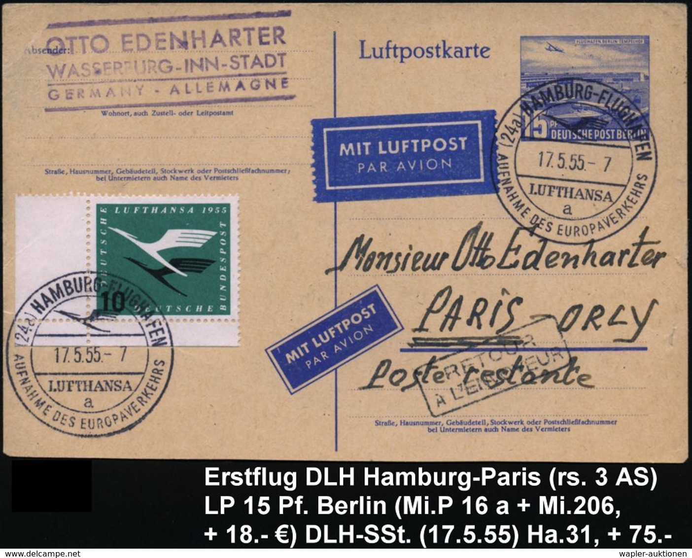 (24a) HAMBURG-FLUGHAFEN/ LUFTHANSA/ A/ AUFNAHME DES EUROPAVERKEHRS 1955 (17.5.) SSt Auf Luftpost-P 15 Pf. Flugh. Tempelh - Altri (Aria)