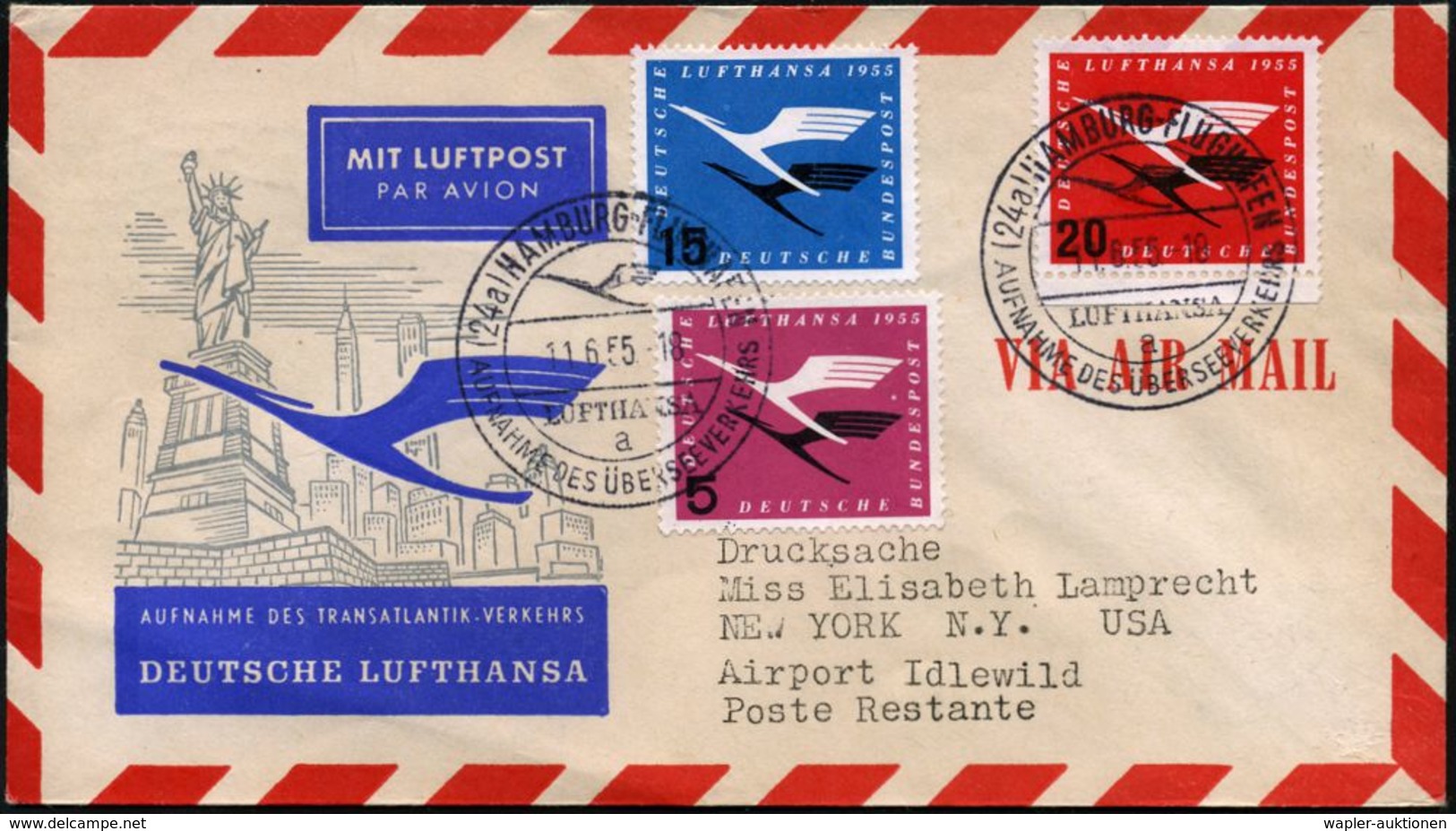 (24a) HAMBURG-FLUGHAFEN/ LUFTHANSA/ A/ AUFNAHME DES ÜBERSEEVERKEHRS 1955 (11.6.) SSt Auf DLH 5, 15 Pf. U. 20 Pf. (Mi.206 - Andere (Lucht)