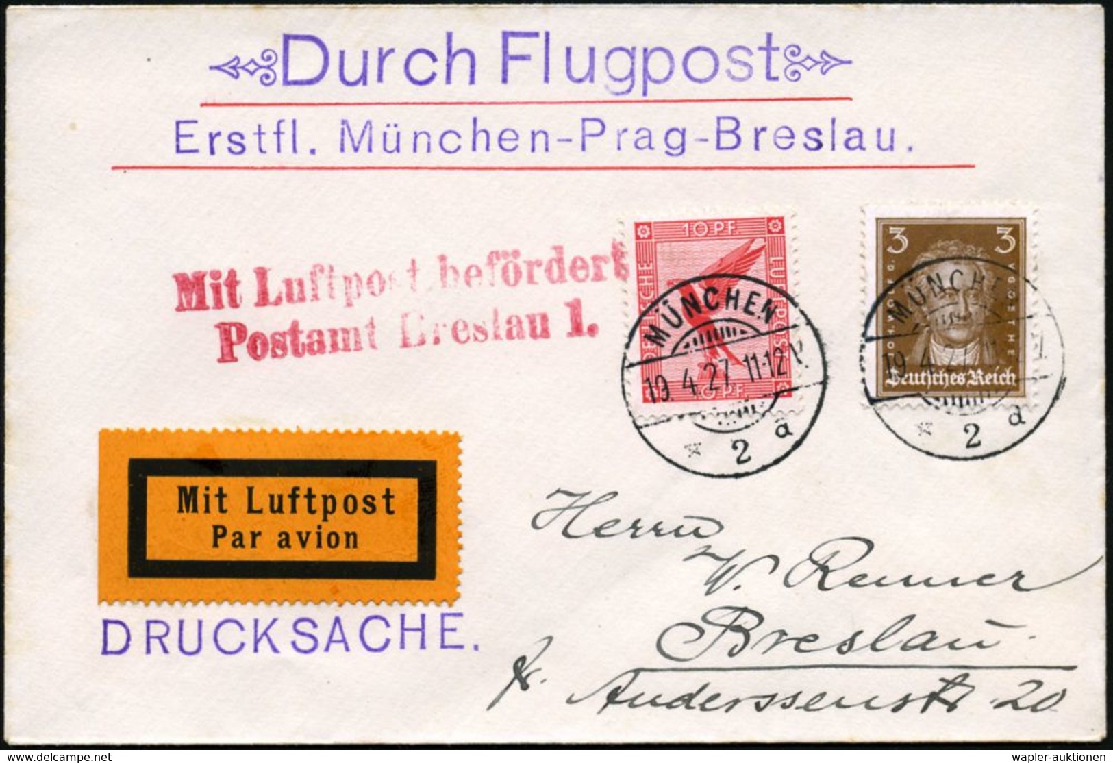 MÜNCHEN/ *2a 1927 (19.4.) 1K-Gitter Auf Flp. 10 Pf. Adler U.a., Viol. 2L:.. Erstfl. München - Prag - Breslau, Roter 2L:  - Altri (Aria)