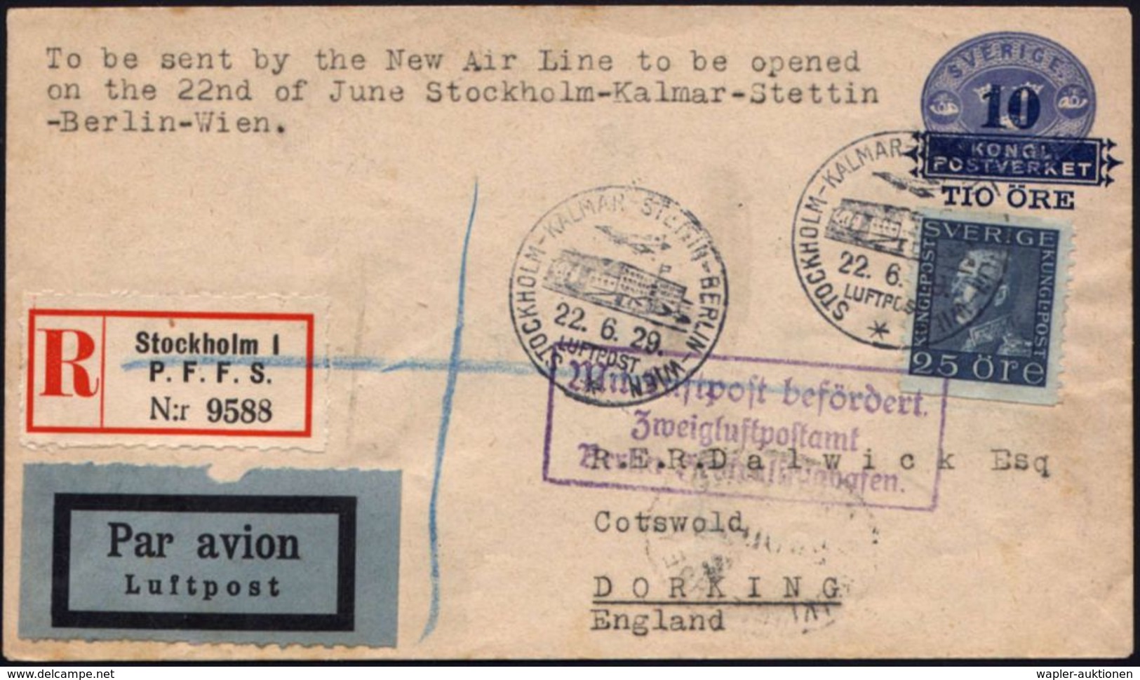 SCHWEDEN 1929 (22.6.) SSt: STOCKHOLM - KALMAR - STETTIN - BERLIN - WIEN/ LUFTPOST 2x Auf U6 + Mi.185 ,viol.Ra.3: MLb/ Zw - Autres (Air)