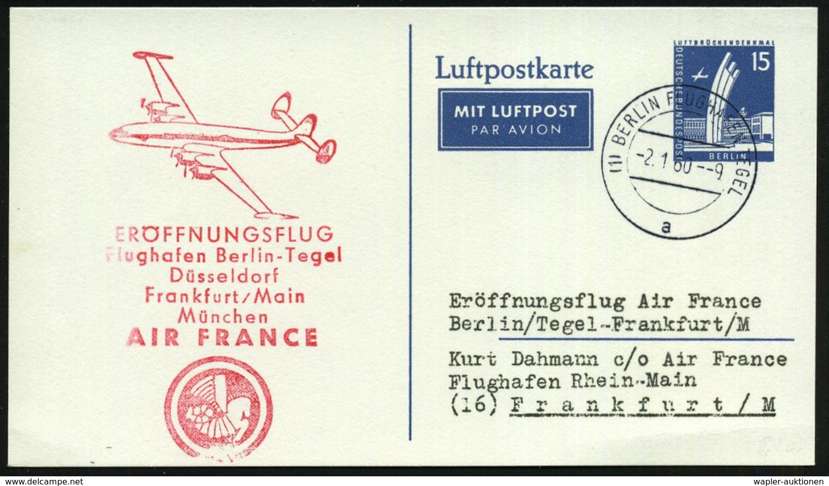(1) BERLIN FLUGHAFEN TEGEL/  A 1960 (2.1.) 1K-Steg Auf PP 15 Pf. Luftbrücken-Denkmal + Roter HdN: ERÖFFNUNGSFLUG/ Flugha - Autres (Air)