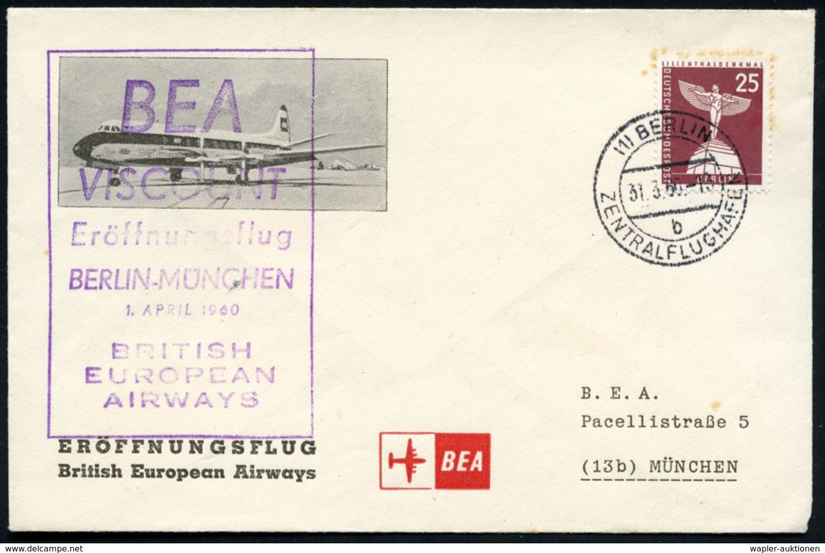 (1) BERLIN/ B/ ZENTRALFLUGHAFEN 1960 (31.3.) 2K-Steg = Hauspostamt Flughafen Tempelhof Auf EF 25 Pf. Lilienthal-Denkmal  - Altri (Aria)