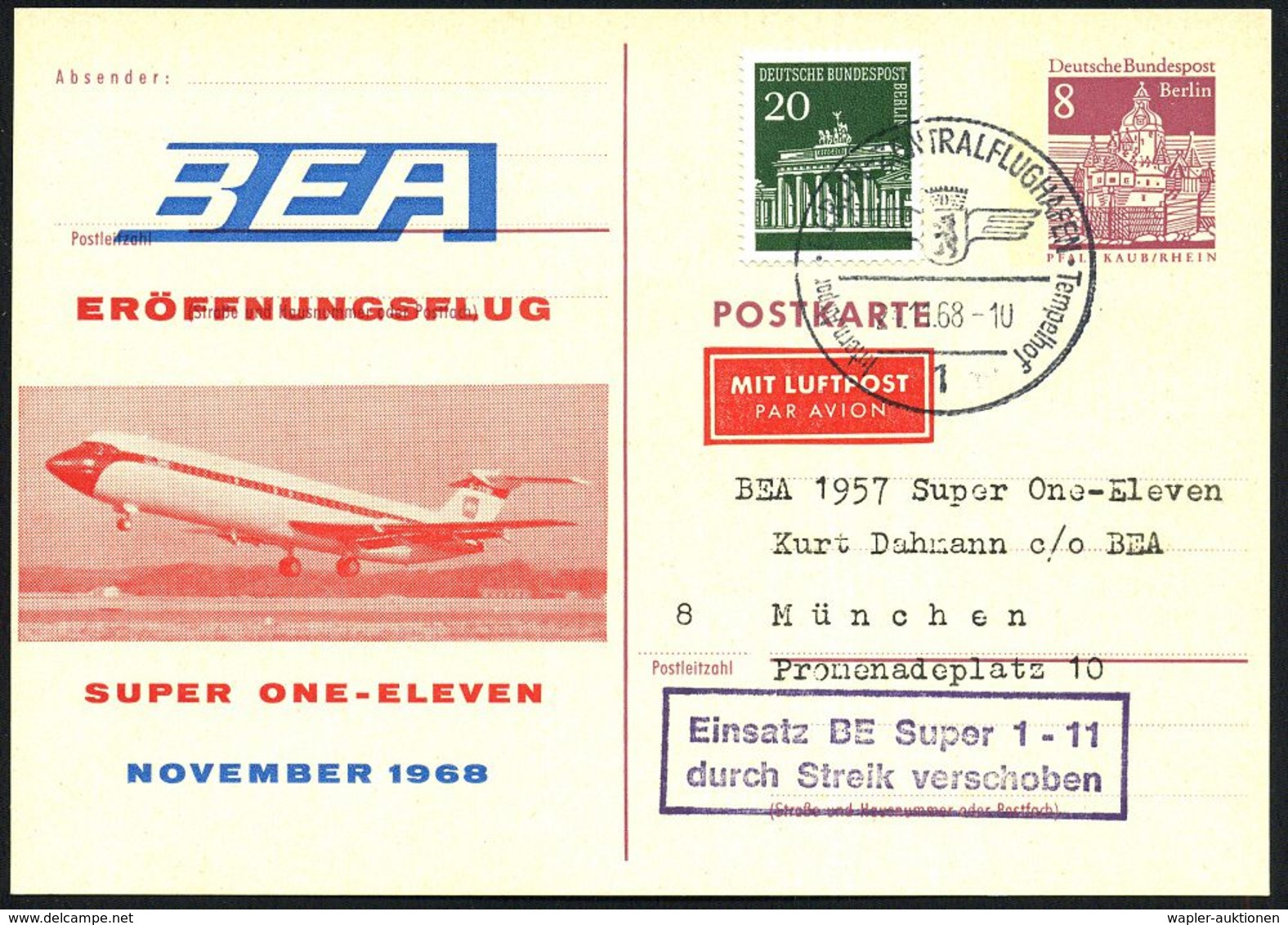 1 BERLIN-ZENTRALFLUGHAFEN Tempelhof 1968 (24.11.) HWSt + Viol. Ra.2: Einsatz BE Super 1-11/ Durch  S T R E I K   Verscho - Altri (Aria)