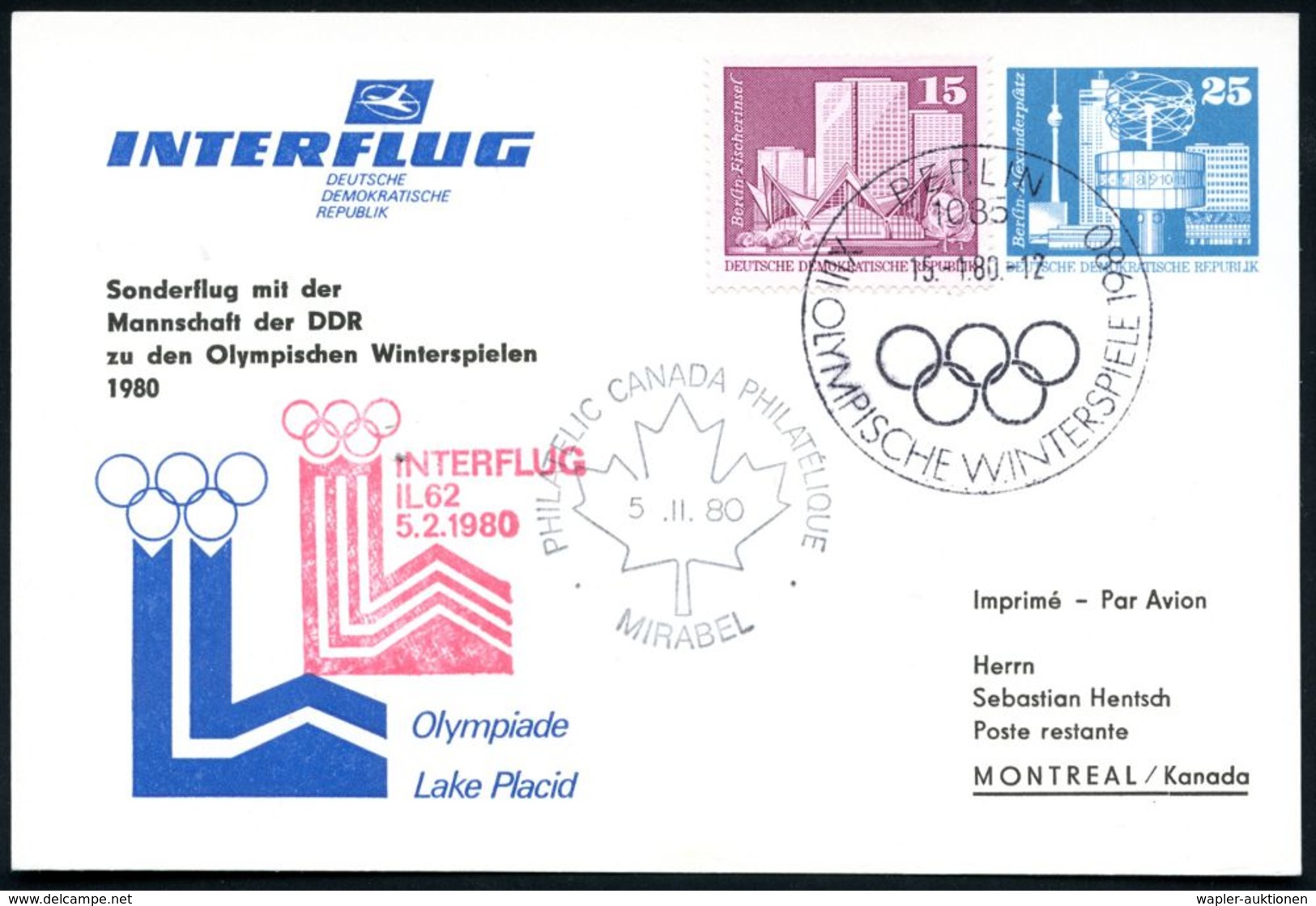 1085 BERLIN/ XIII.OLYMP.WINTERSPIELE 1980 (15.1.) SSt Auf PP 25 Pf. Weltuhr, Blau: INTERFLUG/Sonderflug Mannschaft D.DDR - Autres (Air)