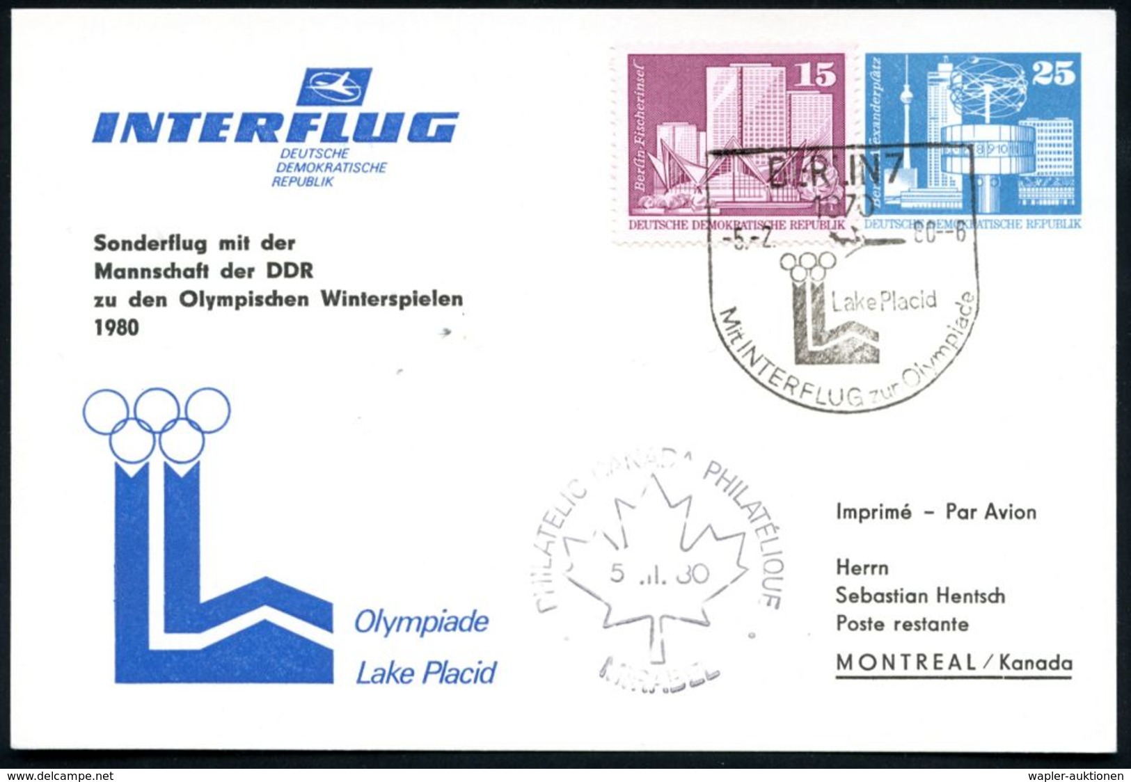 1070 BERLIN 7/ Lake Placid/ Mit INTERFLUG Zur Olympiade 1980 (5.2.) SSt (Logo, Jet) Auf PP 25 Pf. Weltuhr, Blau: Sonderf - Autres (Air)