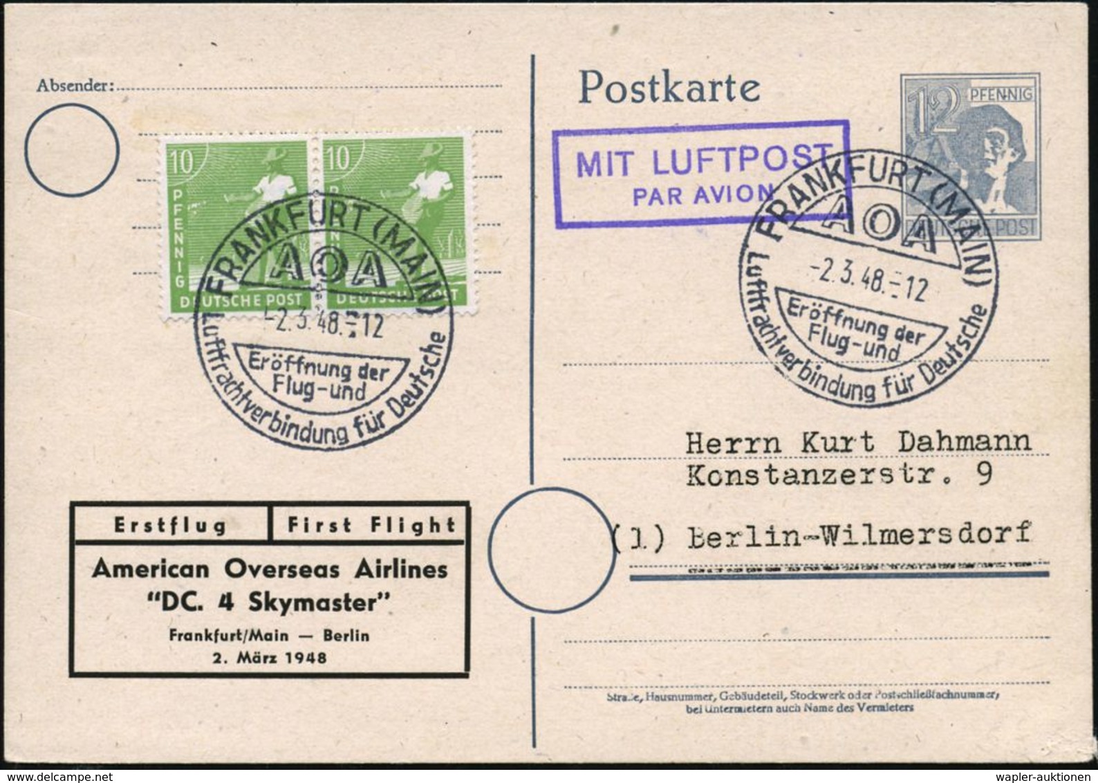 FRANKFURT (MAIN)/ AOA/ Eröffnung D./ Flug-u./ Luftfrachtverbindung Für Deutsche 1948 (2.3.) Seltener SSt (Bo.111) 2x Auf - Andere (Lucht)