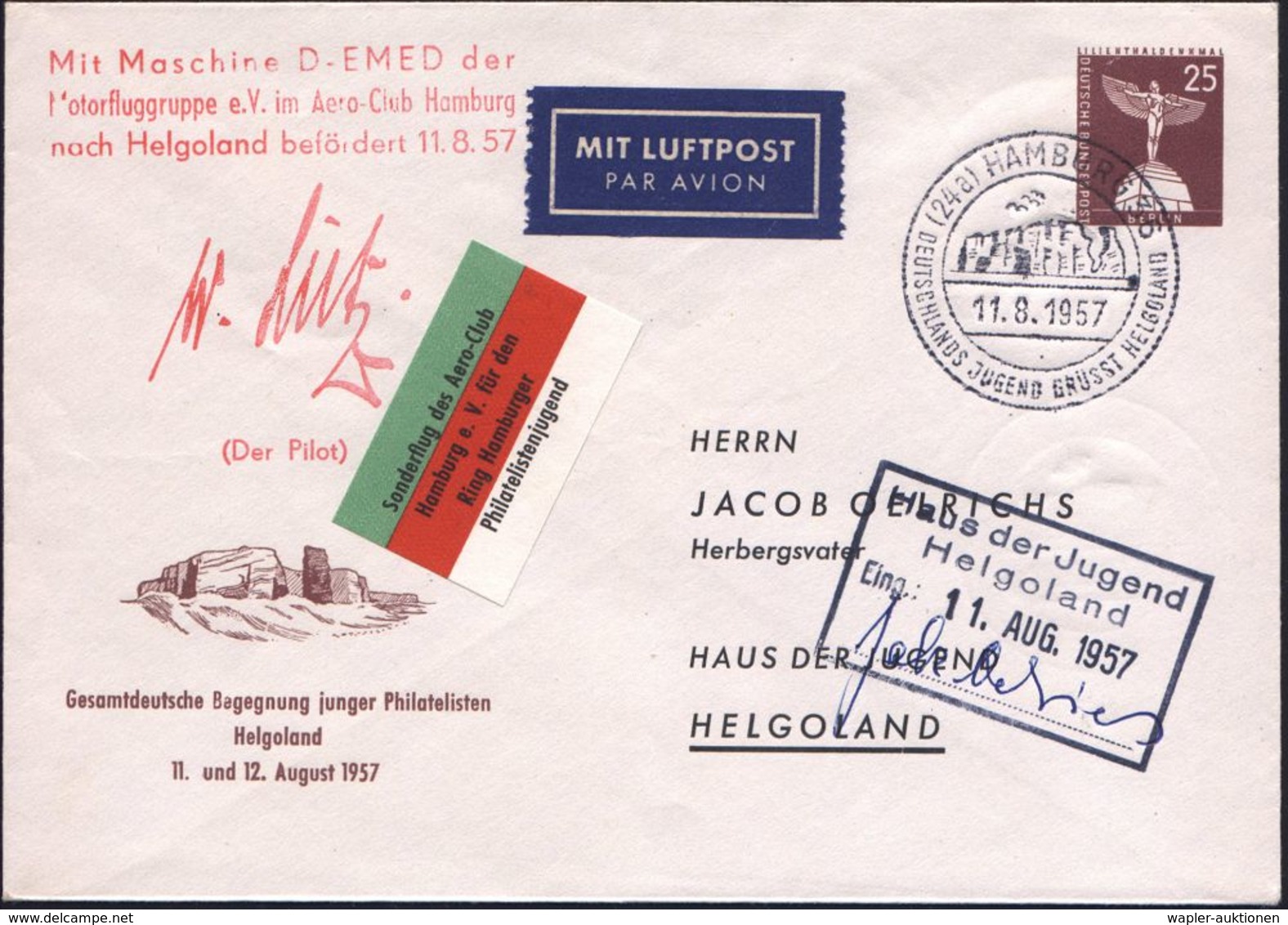 (24a) HAMBURG 36/ DEUTSCHLANDS JUGEND GRÜSST HELGOLAND 1957 (11.8.) SSt = Insel Helgland Auf Moitivgl. PU 25 Pf. Ikarus: - Andere (Lucht)