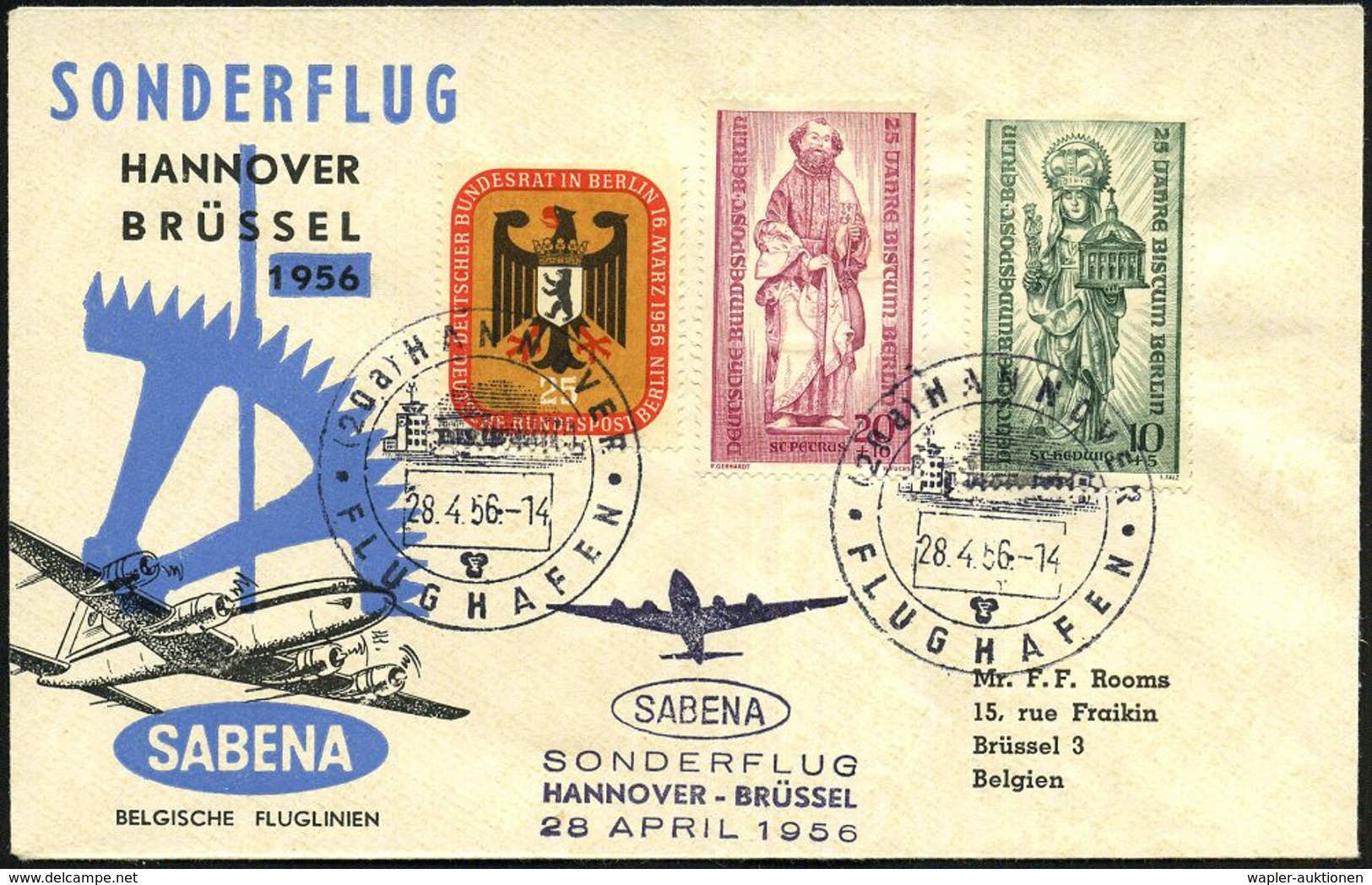 (20a) HANNOVER/ FLUGHAFEN 1956 (28.4.) HWSt (Terminal) 2x + Viol. HdN: SABENA/ SONDERFLUG/HANNOVER - BRÜSSEL (AS) = Int. - Sonstige (Luft)