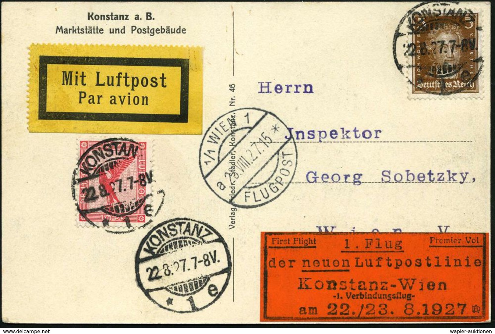 KONSTANZ/ *1e 1927 (22.8.) 1K-Gitter Auf Erstflug-Ak. (Postamt): Konstanz - Wien (OELAG) Rotes Dewitz-Label: 1.Flug.. Ko - Sonstige (Luft)