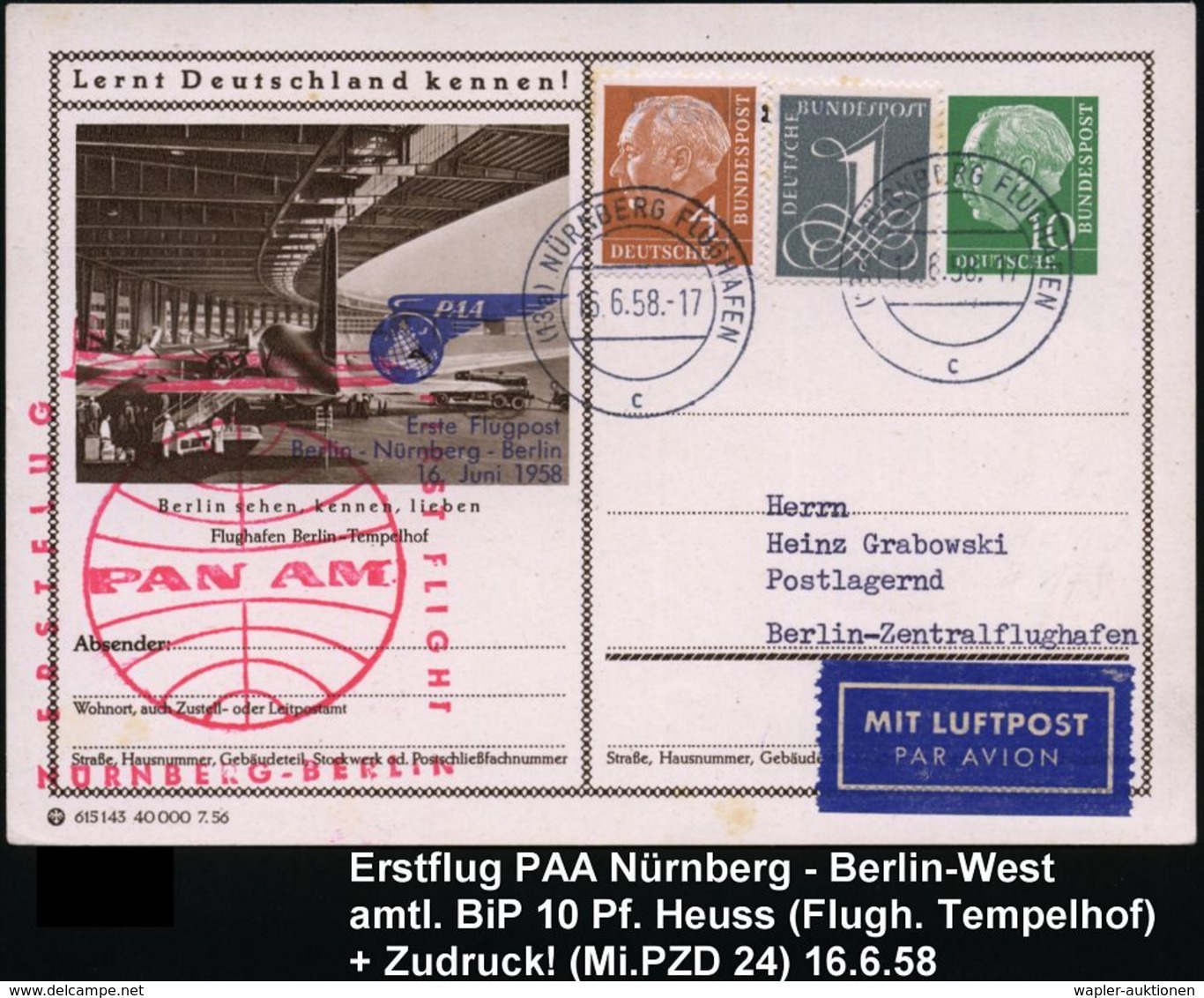 (13) NÜRNBERG FLUGHAFEN/ C 1958 (16.8.) 2K-Steg 2x Auf BiP 10 Pf. Heuss I: Berlin Flughafen Tempelhof + Zudruck: "P A A" - Andere (Lucht)