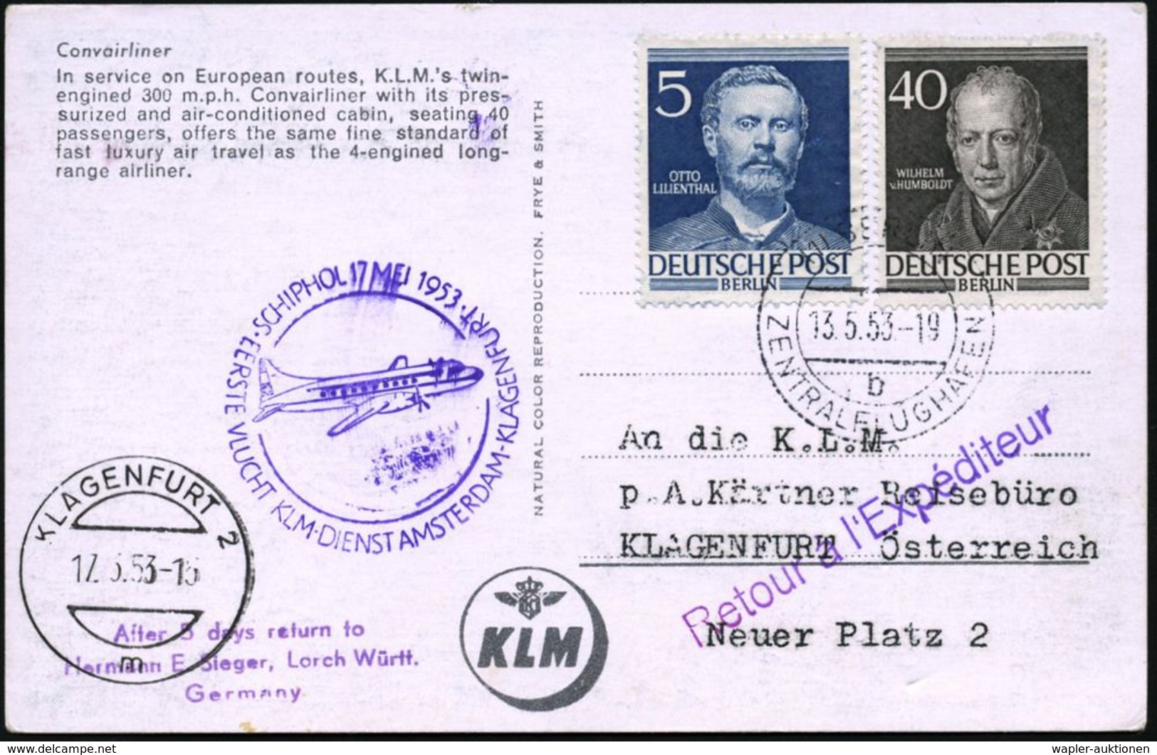 (1) BERLIN/ B/ ZENTRALFLUGHAFEN 1953 (13.5.) 2K-Steg Auf Erstflug-Zuleitungs-Erstflug: KLM AMSTERDAM - KLAGENFURT (AS) 5 - Andere (Lucht)