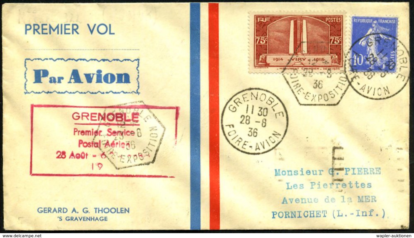 FRANKREICH 1936 (28.8.) Erstflug-SU.: Air France: Grenoble - Pornichet (AS), 6eck-SSt: GRENOBLE/ FOIRE-EXPOS. + 1K: GREN - Andere (Lucht)