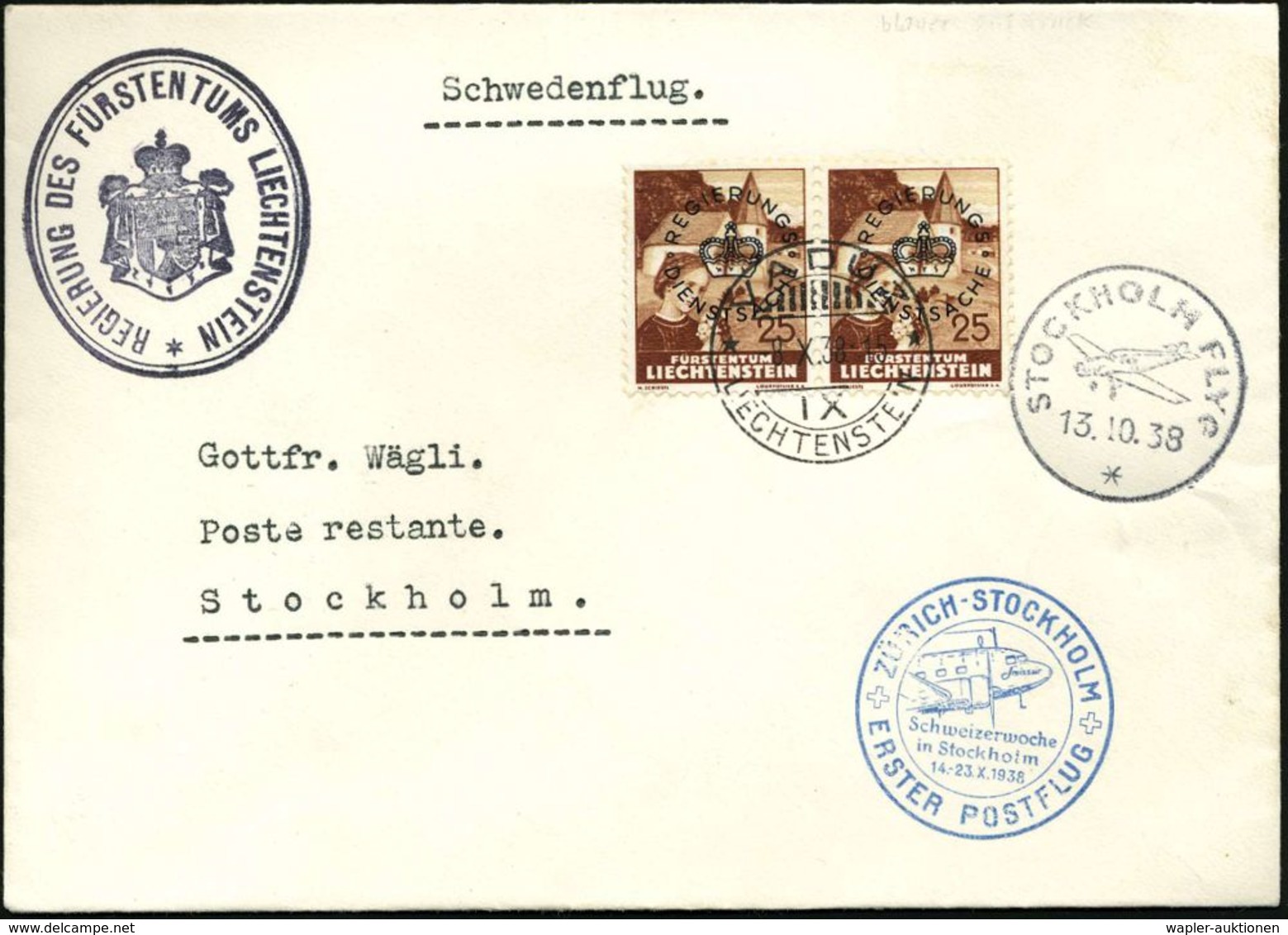 LIECHTENSTEIN 1938 (8.10.) Erstflug-Bf.: Zürich - Stockholm (vs.AS.), Zuleitung Vaduz, 25 C. Dienst, Paar (Mi.D 23 MeF)  - Autres (Air)