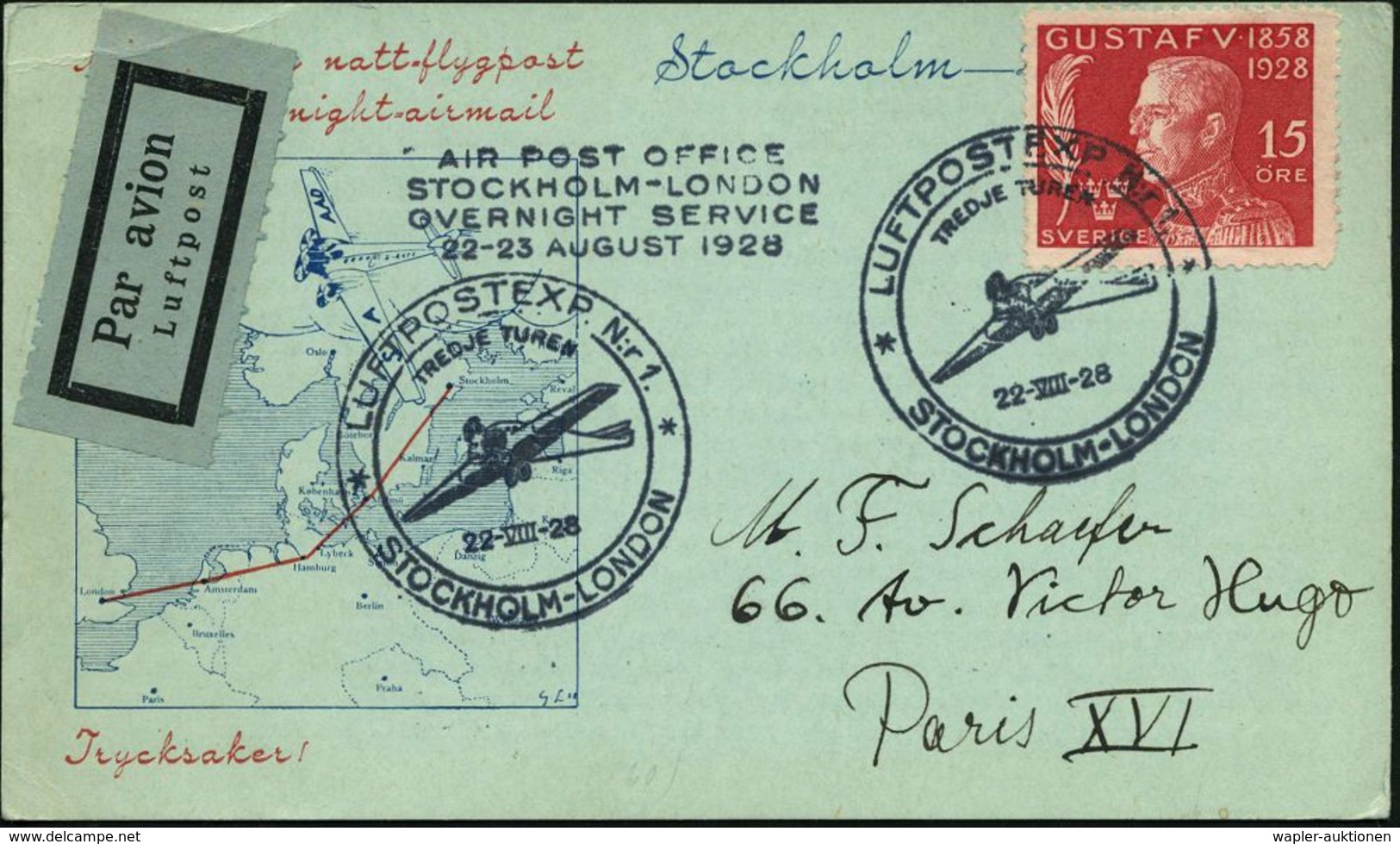 SCHWEDEN 1928 (22.8.) Erstflug-Sonder-Kt.: STOCKHOLM - LONDON , 2x Flp.-SSt: LUFTPOSTEXP. Nr.1/TREDJE TUREN (= Junkers F - Autres (Air)