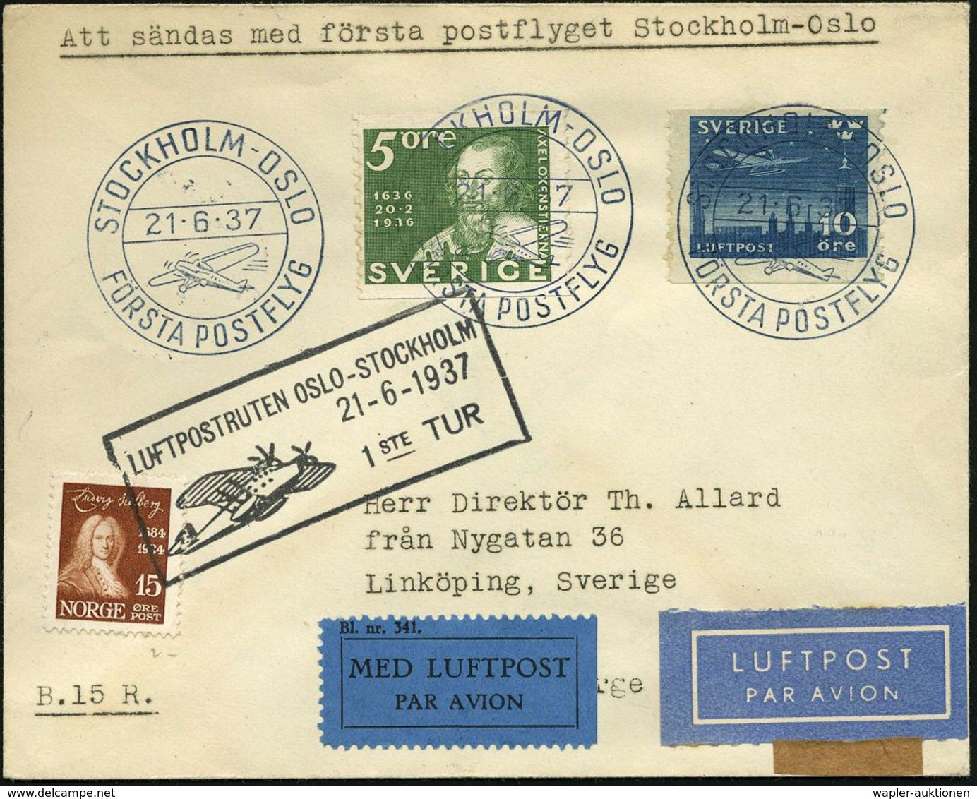 SCHWEDEN /  NORWEGEN 1937 (21.6.) Erstflug-Bf.: Stockholm - Oslo - Stockholm, 2-Länder-Frankatur, (DNL) 3x Bl. SSt.: STO - Autres (Air)