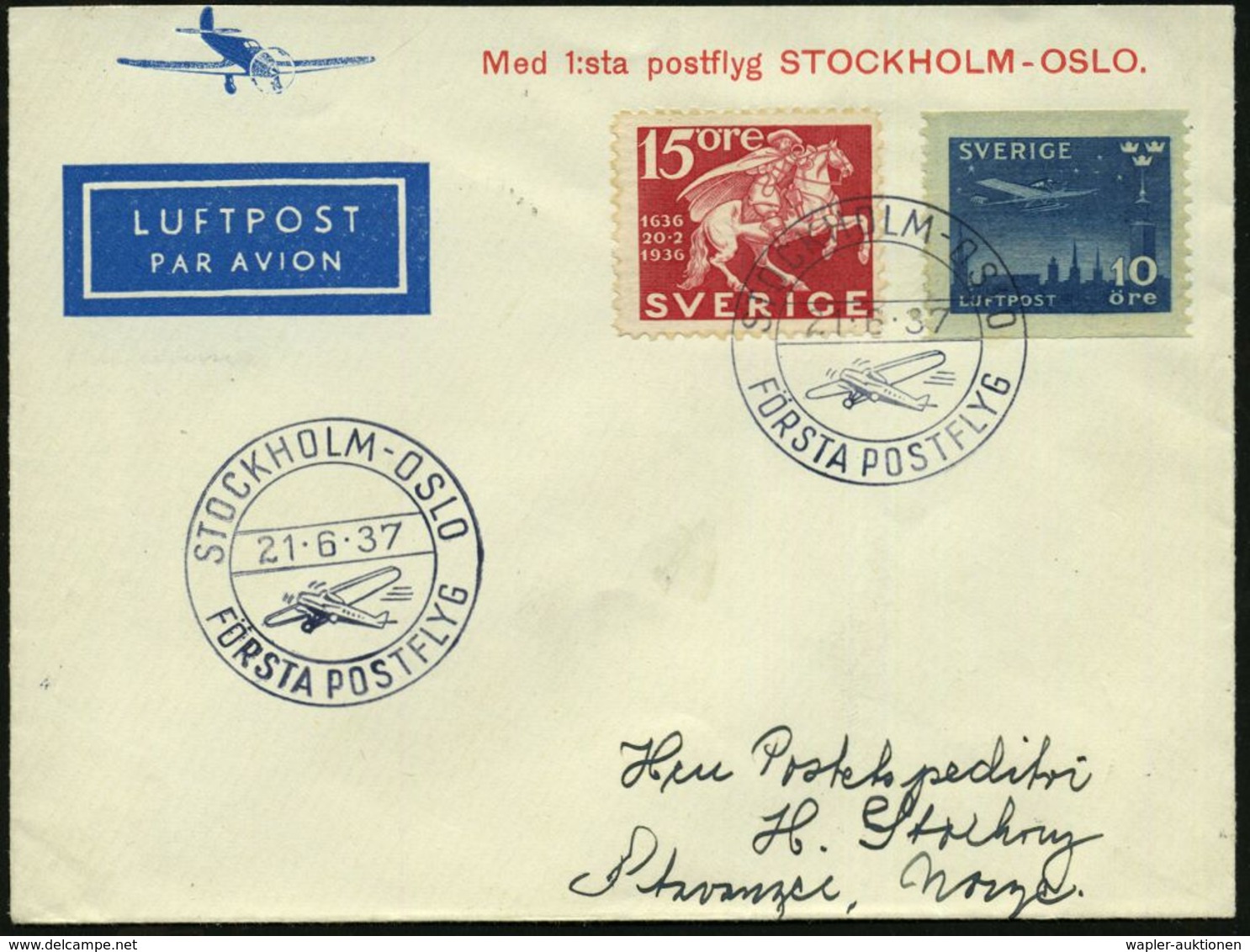 SCHWEDEN /  NORWEGEN 1937 (21.6.) Erstflug: Stockholm - Oslo (DNL) 2 X Blauer Flp-SSt: STOCKHOLM - OSLO/ FÖRSTA POSTFLYG - Otros (Aire)