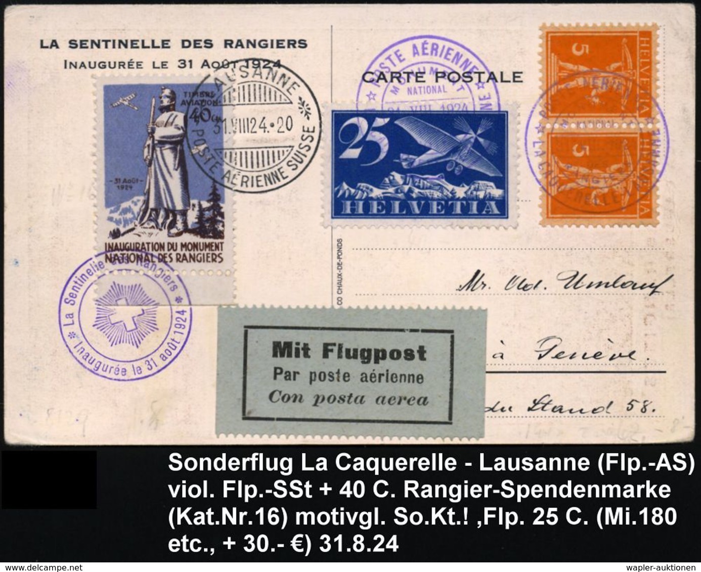 SCHWEIZ 1924 (31.8.) Sonderflug-Sonder-Ak.: "La Sentinelle Des Rangiers": Les Rangiers - Lausanne Mit Viol. Flp.-SSt + F - Andere (Lucht)