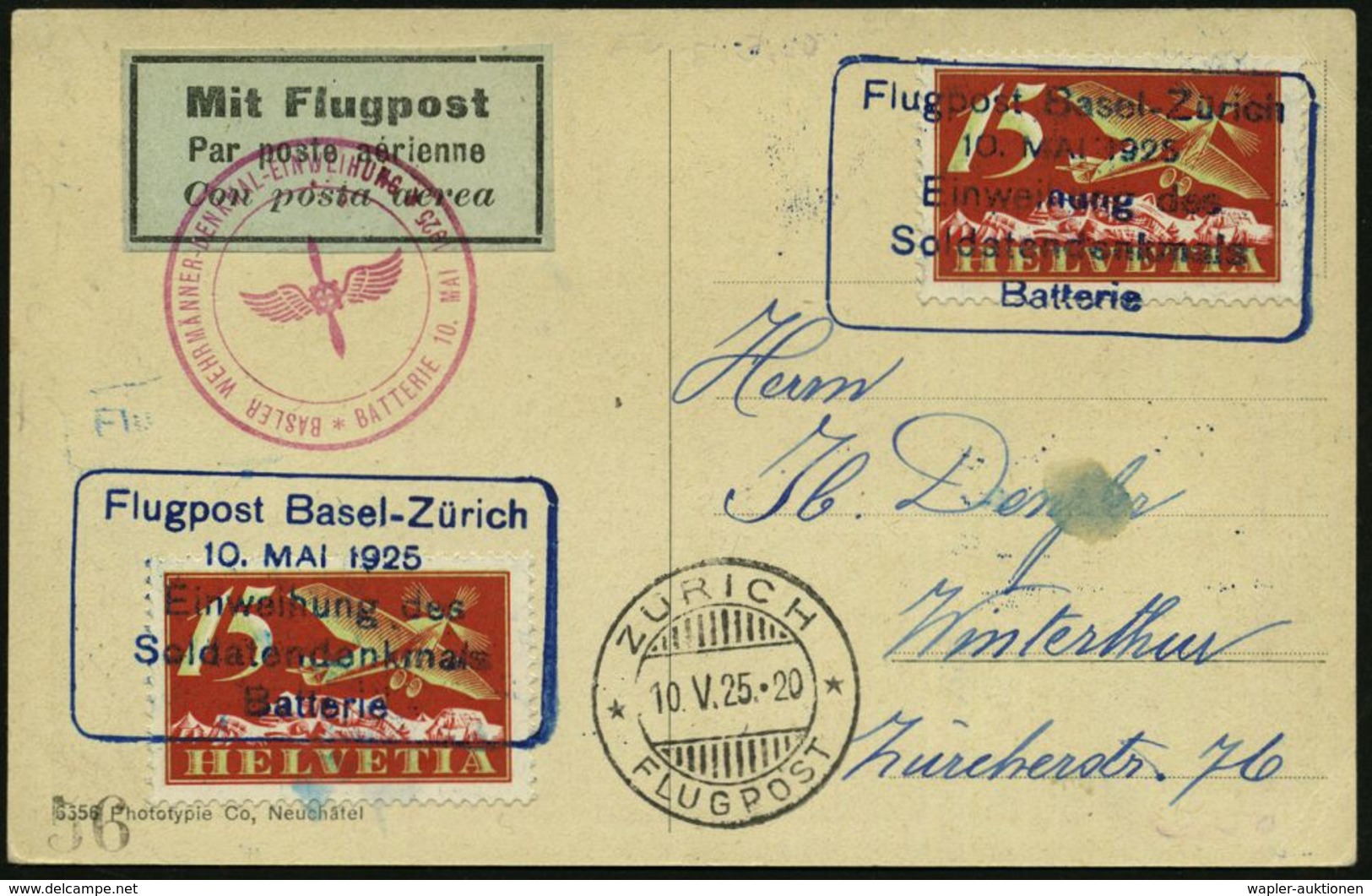 SCHWEIZ 1925 (10.5.) Sonderflug "Soldatendenkmal Basel", 2x Blauer SSt: Flugpost Basel - Zürich/ Einweihung.. (AS: ZÜRIC - Autres (Air)