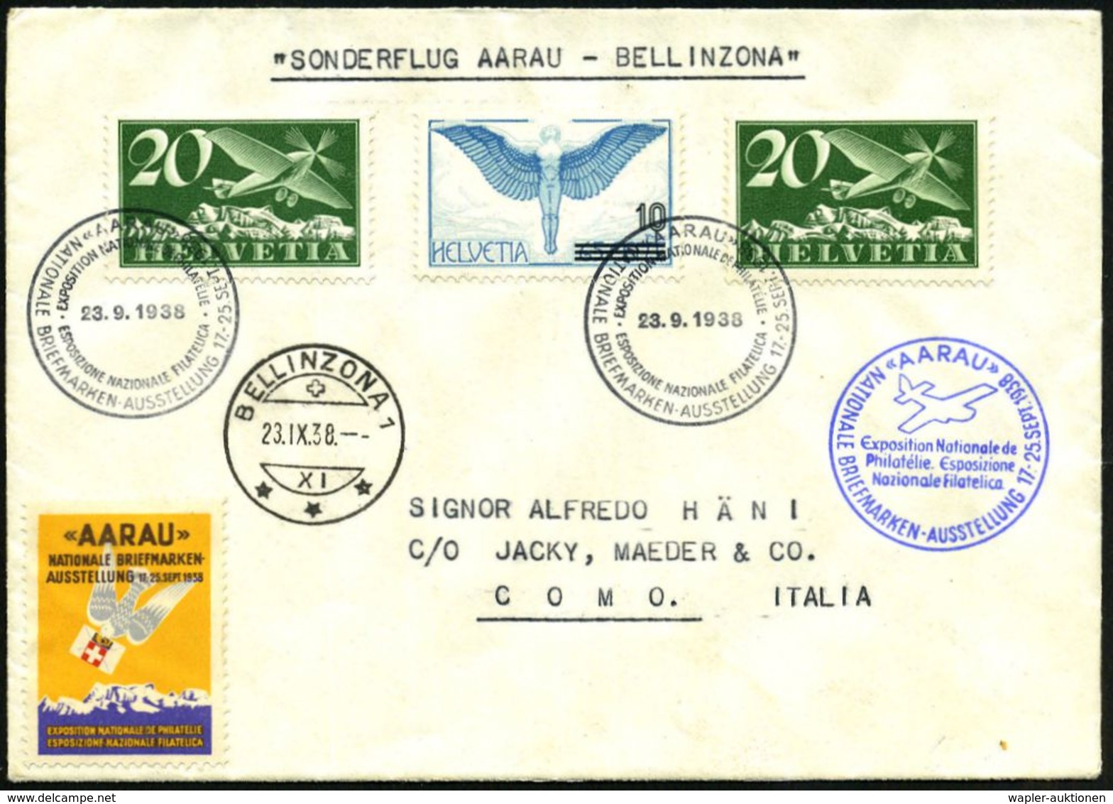SCHWEIZ 1938 (23.9.) Sonderflug NABA: Aarau - Bellinzona (vs. AS) 2x Flp. 20 C. U. Ikarus 10/65 C. (Mi.213 (2) , 320) +  - Andere (Lucht)