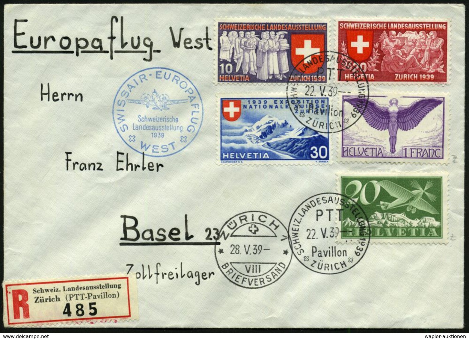 SCHWEIZ 1939 (22.5.) Schweiz. Landesausstellung, Kompl. Satz + Flp. 20 C. U. 1 F. Ikarus, 2x SSt.: ZÜRICH/ LANDESAUSSTEL - Autres (Air)