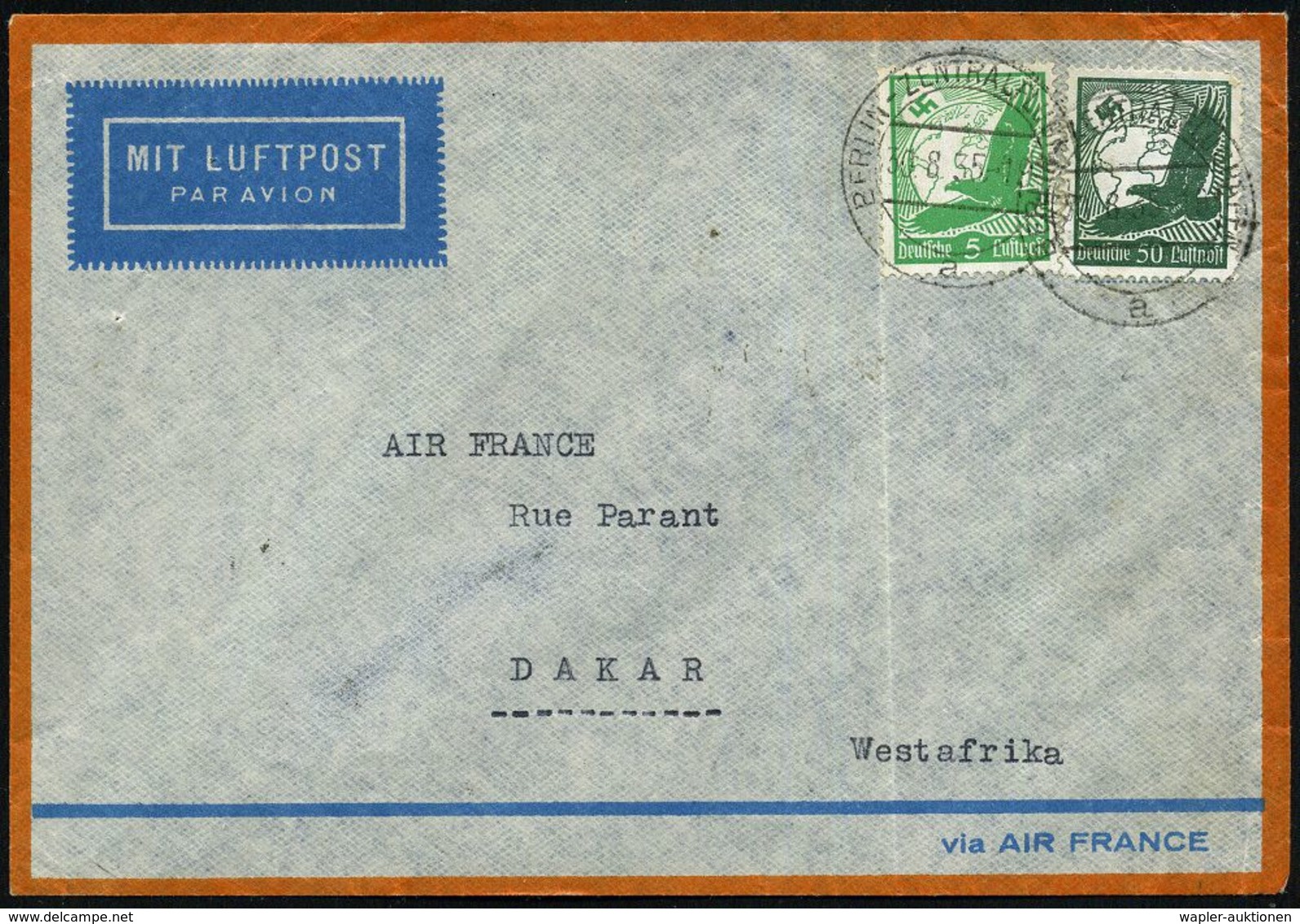 BERLIN-ZENTRALFLUGHAFEN/ A 1935 (30.8.) 2K-Steg Auf Flp. Adler 5 Pf. + 50 Pf. Waager. Riffelung = 55 Pf. Auf AIR FRANCE- - Altri (Aria)