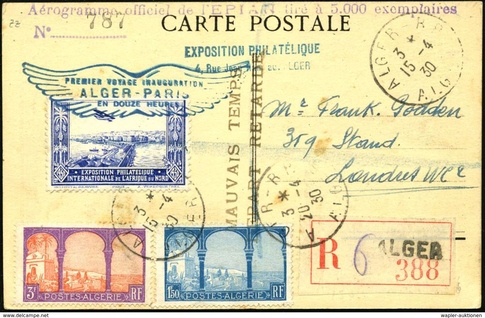 ALGERIEN 1930 (15.4.) Erstflug: Algier - Paris, Blaue Flp.-Vign.: Expos.Philatélique + Bl. Flügel-HdN: PREMIER VOYAGE IN - Altri (Aria)