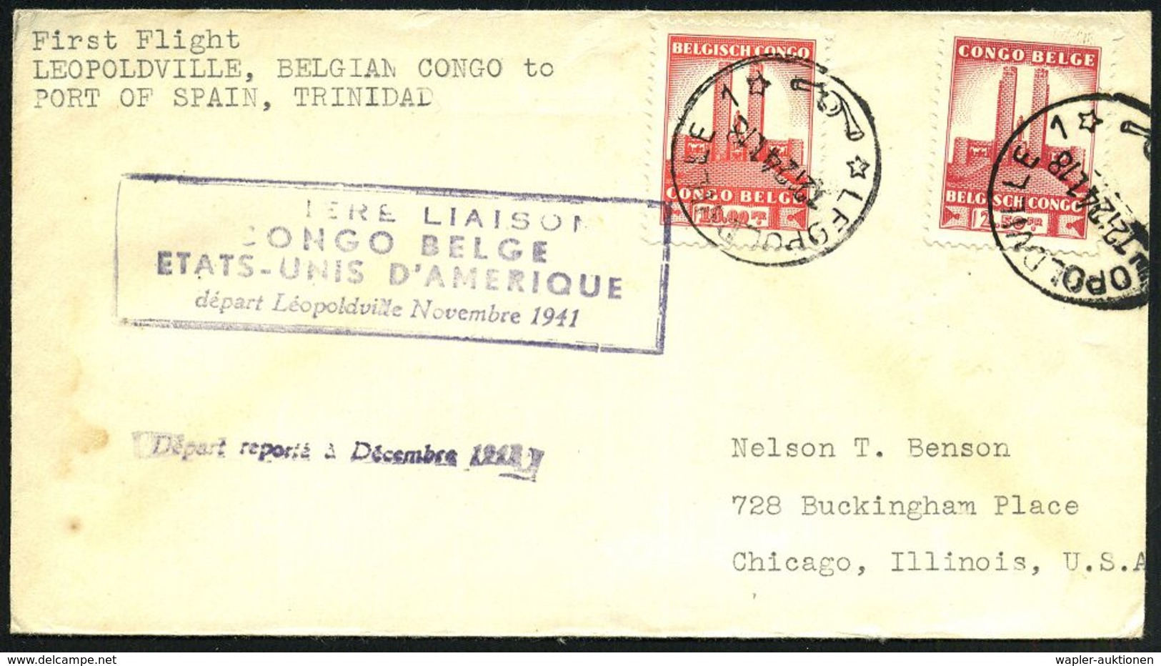 BELGISCH KONGO 1941 (12.12.) Erstflug Leopoldville - Chicago, Etappe Port Of Spain /Trinidad (r.s AS) Viol. Ra4: Iere LI - Sonstige (Luft)