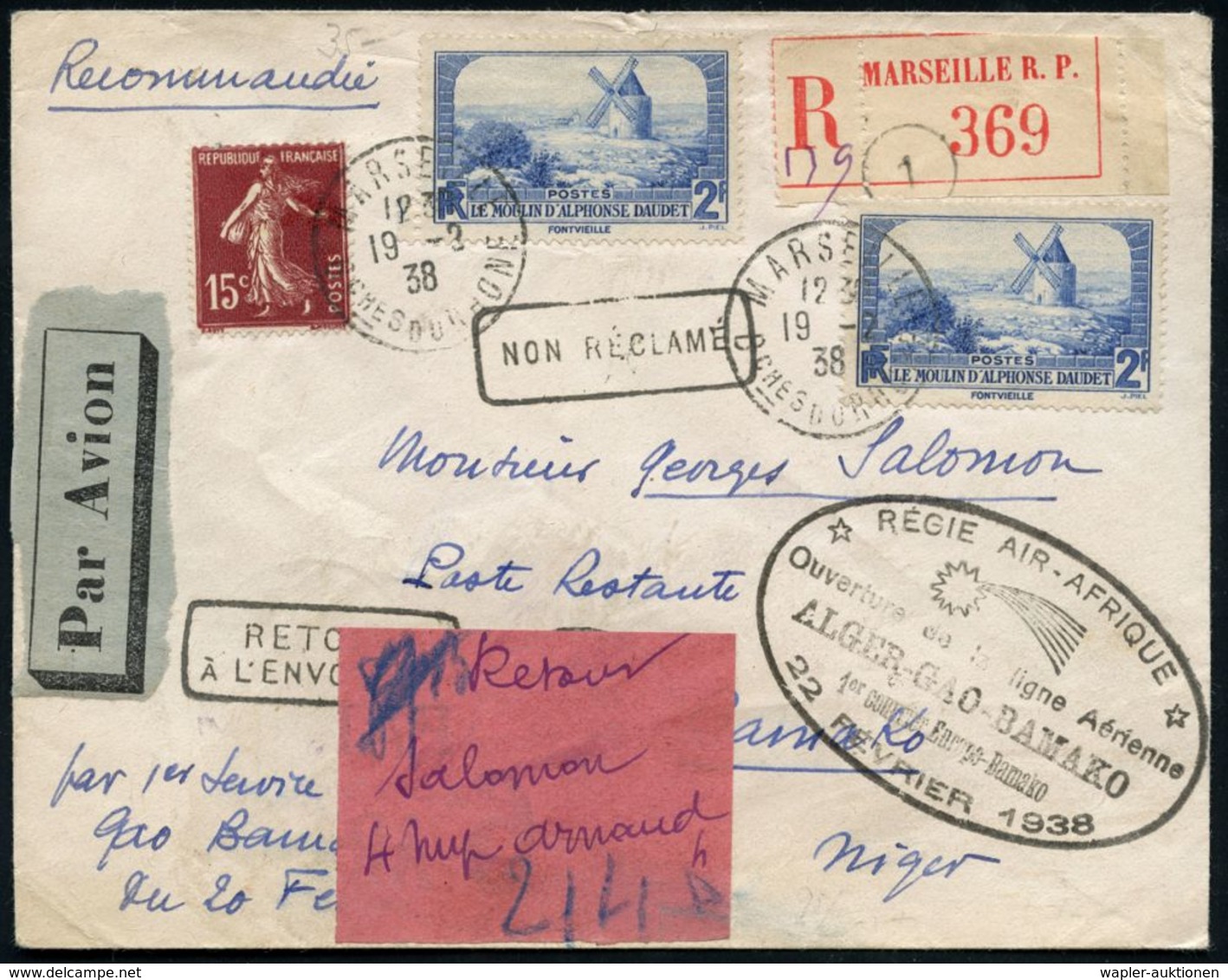 FRANKREICH 1938 (22.2.) Erstflug: Algier - Bamako (Niger), Zuleitung Von Marseille, Frankatur 2 F. Windmühle Etc., Roter - Andere (Lucht)