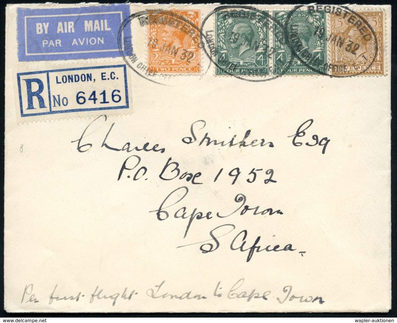 GROSSBRITANNIEN 1932 (10.1.) Oval: REGISTERED/LONDON CHIEF OFFICE E.C. 1 Mehrfach Auf Freimarken-Frankatur, Blauer RZ: L - Altri (Aria)