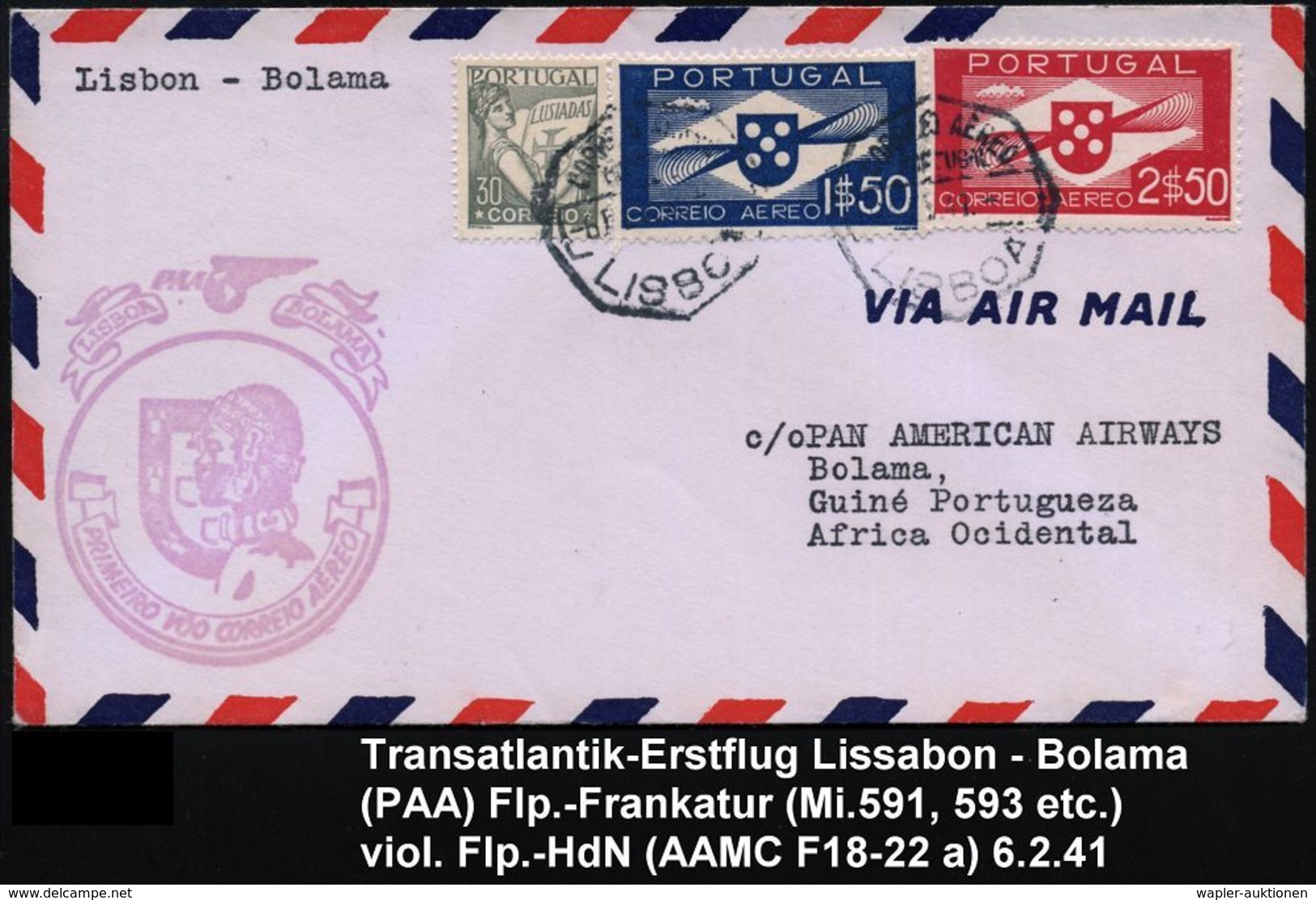 PORTUGAL 1941 (6.2.) Erstflug (PAA): Lisboa - Bolama / Port. Guinea (rs.AS) Flp. 1,50 E. U. 2,50 E. (Mi.591, 593 U.a.) L - Sonstige (Luft)