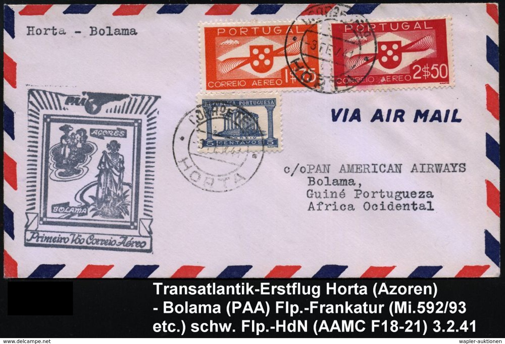 PORTUGAL 1941 (3.2.) Erstflug (PAA): Horta - Bolama / Portug. Guinea (rs.AS) Flp. 1,75 E. U. 2,50 E. (Mi.592/93 U.a.) Sc - Sonstige (Luft)