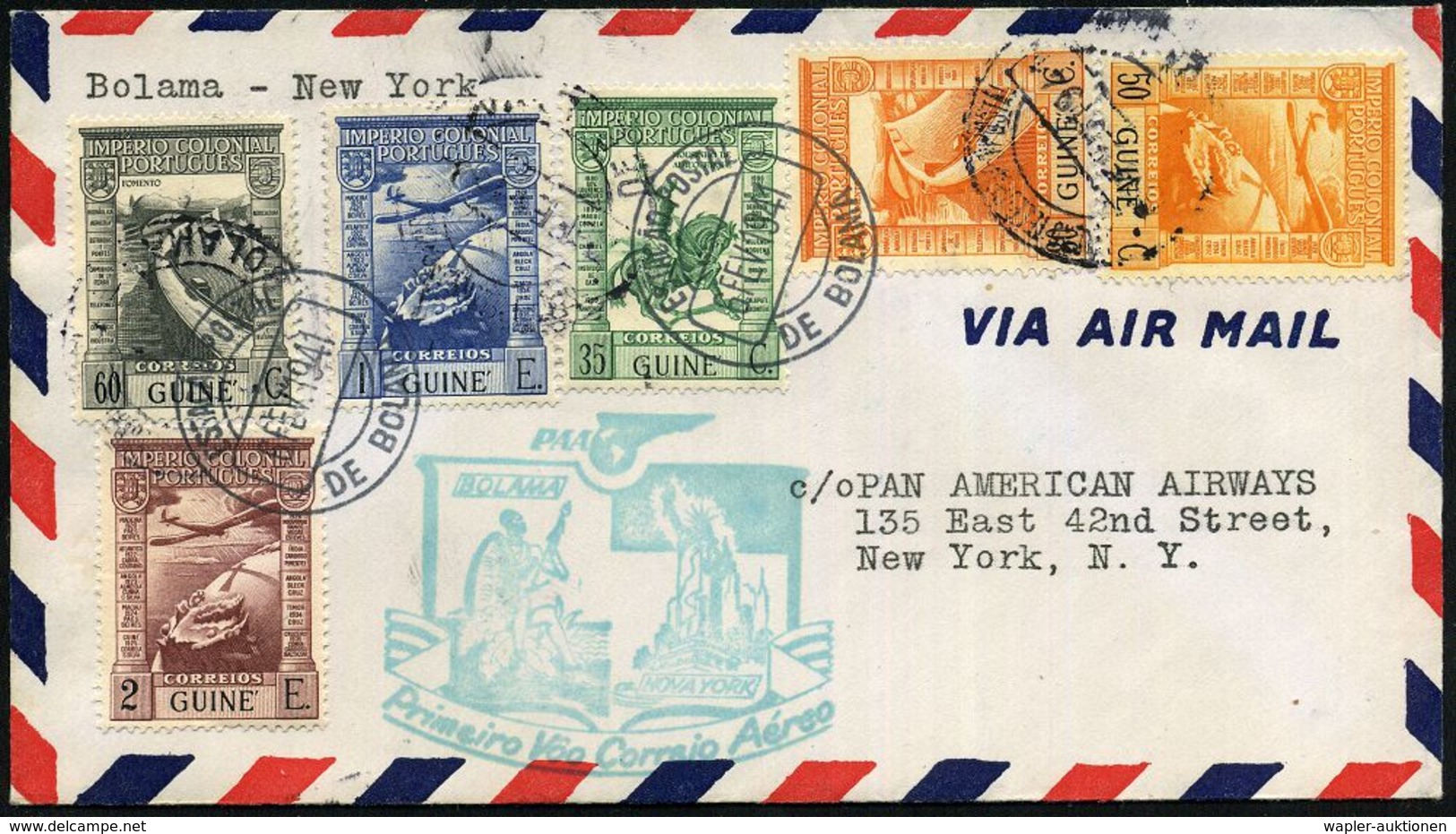 PORTUG.GUINEA 1941 (6.2.) Erstflug (PAA): Bolama - New York (AS) Schöne Flp.-Frankat. (Mi.243/45 U.a.) Grüner Flp.-HdN:  - Autres (Air)