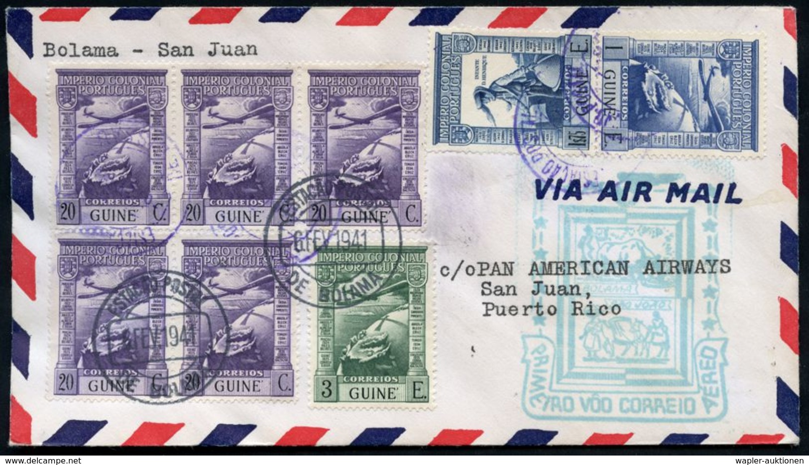 PORTUG.GUINEA 1941 (6.5.) Erstflug (PAA): Bolama - Nordamerika, Etappe Puerto Rico, San Juan (AS) Schöne Flp.-Frankatur  - Altri (Aria)