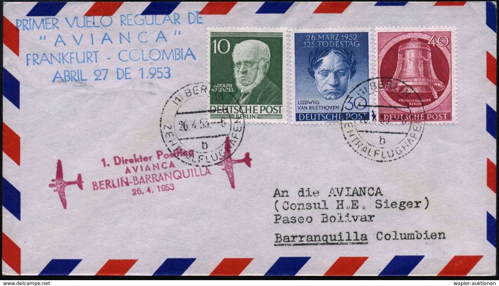 (1) BERLIN/ B/ ZENTRALFLUGHAFEN 1953 (26.4.) 2K Auf 30 Pf. Beethoven, 40 Pf. Glocke + Viol. HdN: 1. Direkter Postflug/ A - Andere (Lucht)