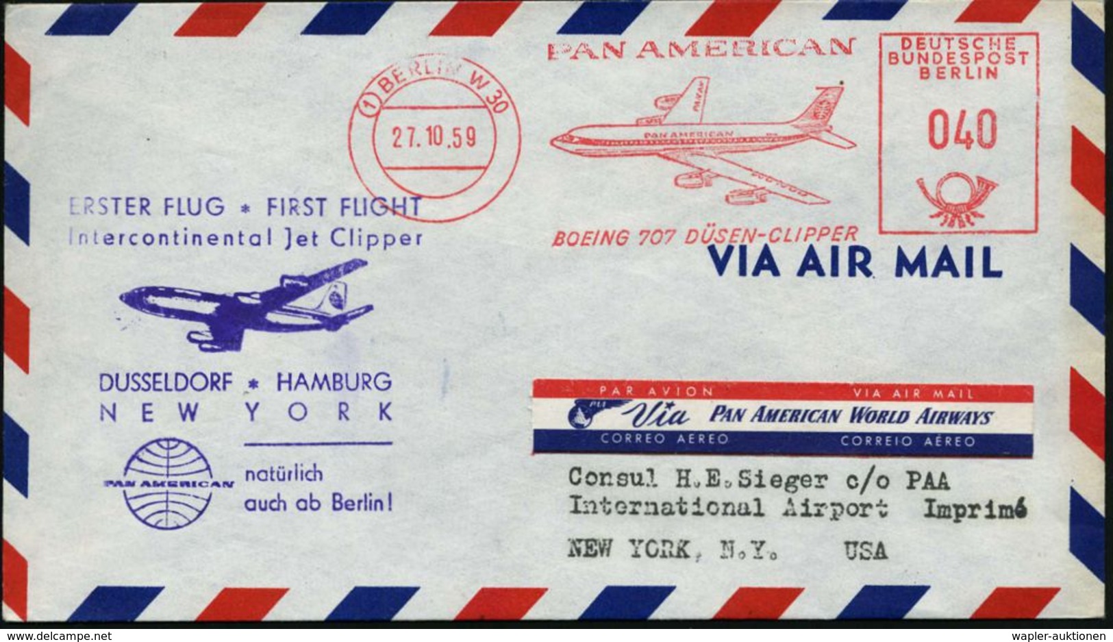 (1) BERLIN W 30/ PAN AMERICAN/ BOEING 707 DÜSEN-CLIPPER 1959 (27.10.) AFS 040 Pf. = Boeing "B 707" + Motiv-gleicher HdN: - Autres (Air)