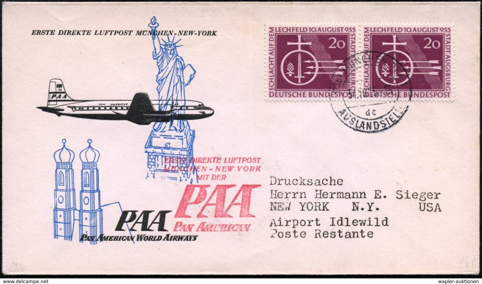 (13b) MÜNCHEN 1/ Dc/ AUSLANDSSTELLE 1955 (31.10.) 2K-Steg Auf Paar 20 Pf. "Lechfeld-Schlacht", + Roter HdN: ERSTE DIREKT - Andere (Lucht)