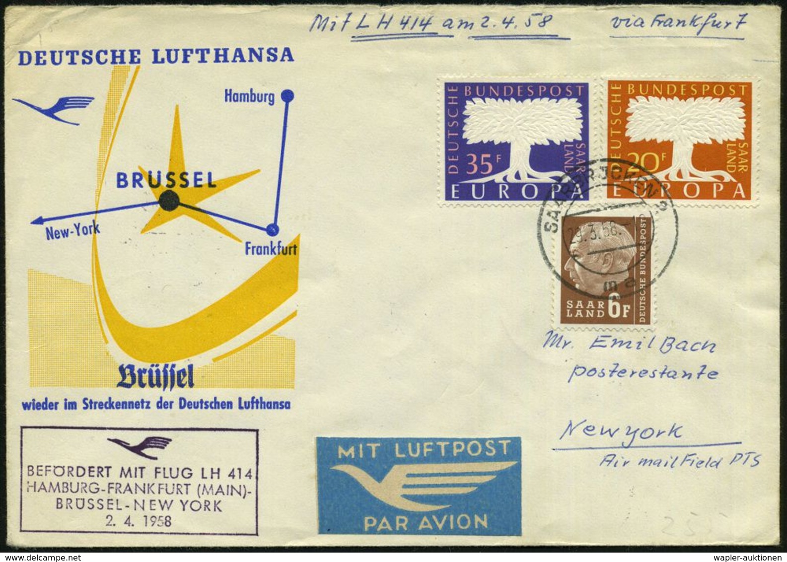 SAARLAND 1958 (29.3.) 2K: SAARBRÜCKEN 2/ma Auf Kompl. Satz Europa CEPT U.a., Erstflug-SU.: DLH Frankfurt - Brüssel - New - Andere (Lucht)