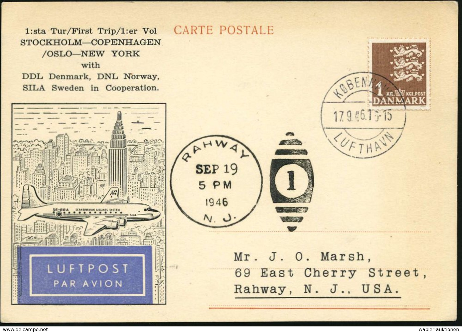 DÄNEMARK 1946 (17.9.) Erstflug (SAS): Copenhagen - New York (AS) 1K: KÖBENHAVN/LUFTHAVN, Erstflug-Sonder-Kt.!  (Lüning N - Sonstige (Luft)