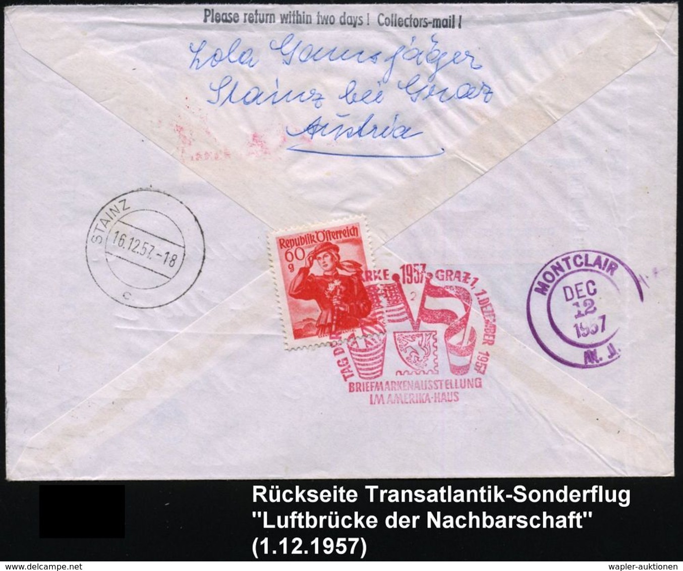 ÖSTERREICH 1957 (1.12.) Roter SSt: GRAZ/TAG DER BRIEFMARKE/BRIEFM.AUSST./AMERIKA-HAUS (Flaggen) EF 1 S.+25 Gr. TdB + Grü - Autres (Air)