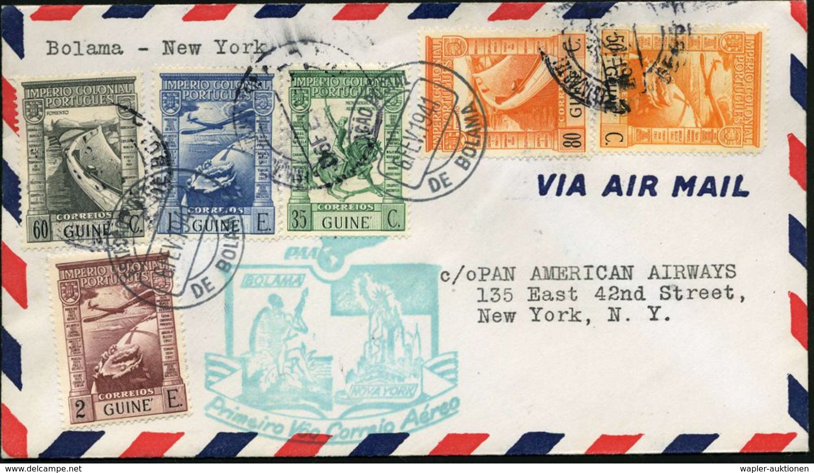 PORTUG.GUINEA 1941 (6.2.) Erstflug (PAA): Bolama - New York (rs. AS) Schöne Flp.-Frankatur (Mi.243/45 U.a.) Grüner HdN:  - Andere (Lucht)