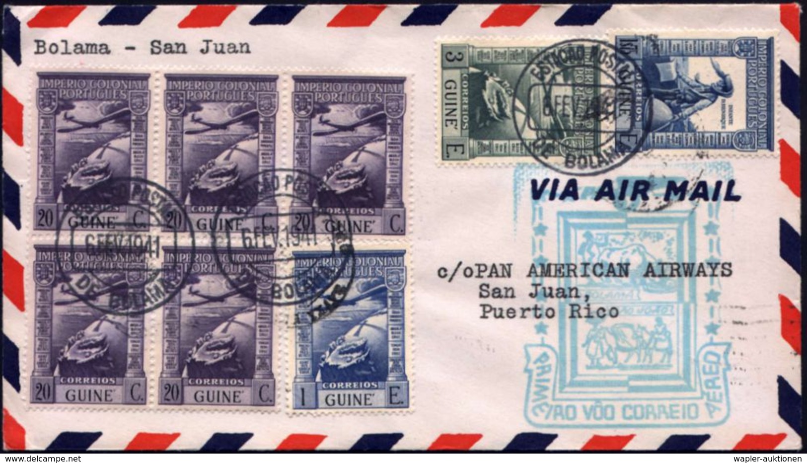 PORTUG.GUINEA 1941 (6.5.) Erstflug (PAA): Bolama - Nordamerika, Etappe Puerto Rico, San Juan (AS) Schöne Flp.-Frankatur  - Sonstige (Luft)