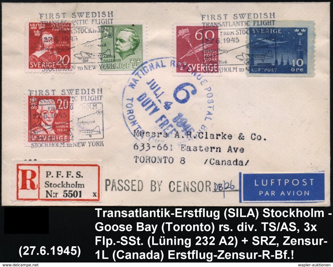 SCHWEDEN 1945 (27.6.) Transatlantik-Erstflug (SILA): Stockholm - New York (AS) 3x Flp.-SSt.: FIRST SWEDISH/TRANSATLANTIC - Sonstige (Luft)