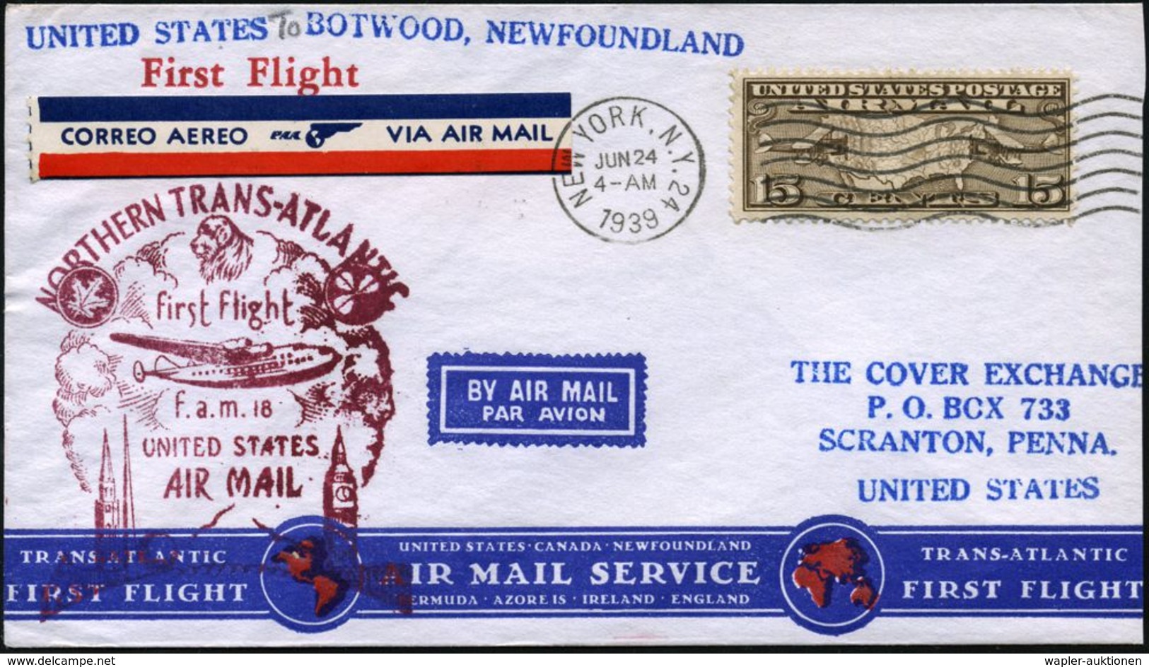 U.S.A. 1939 (24.6.) Transatlantik-Erstflug (FAM.18): New York - Shannon, Etappe Botwood (AS) EF 30 C. Flp. "1.Transatlan - Andere (Lucht)