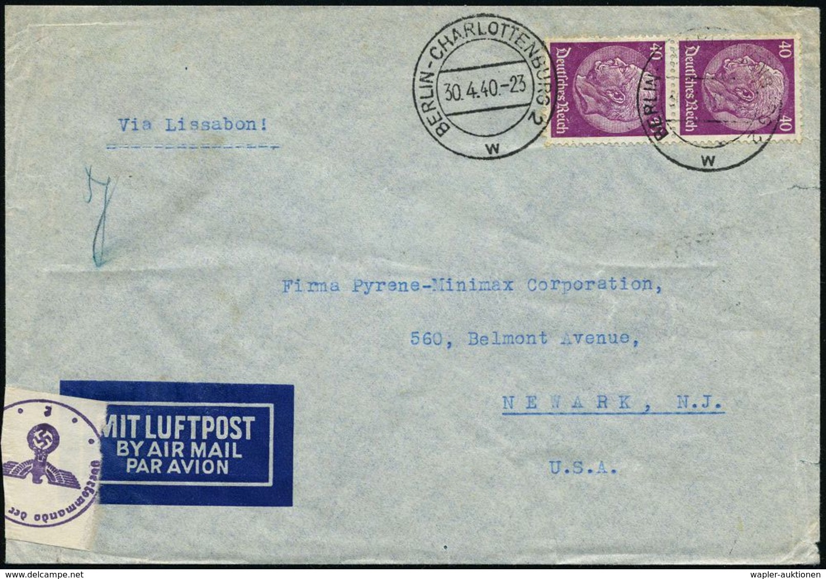 BERLIN-CHARLOTTENBURG 2/ W 1940 (30.4.) 2K-Steg Auf Paar 40 Pf. Hindenbg. + OKW-Zensur-Streifen "e" + Viol. 1K (= Frankf - Andere (Lucht)