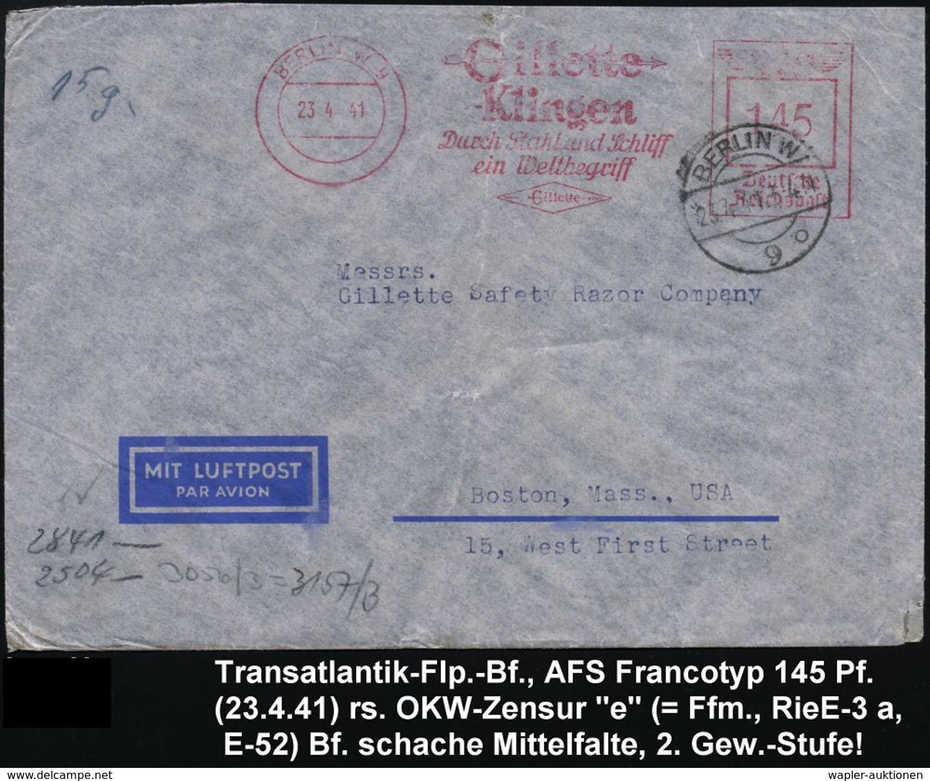 BERLIN W 9/ Gilette/ Klingen.. 1941 (23.4.) AFS 145 Pf. (Firmen-Logo) = US.-Firma Für Rasierklingen + 1K-Brücke BERLIN W - Altri (Aria)