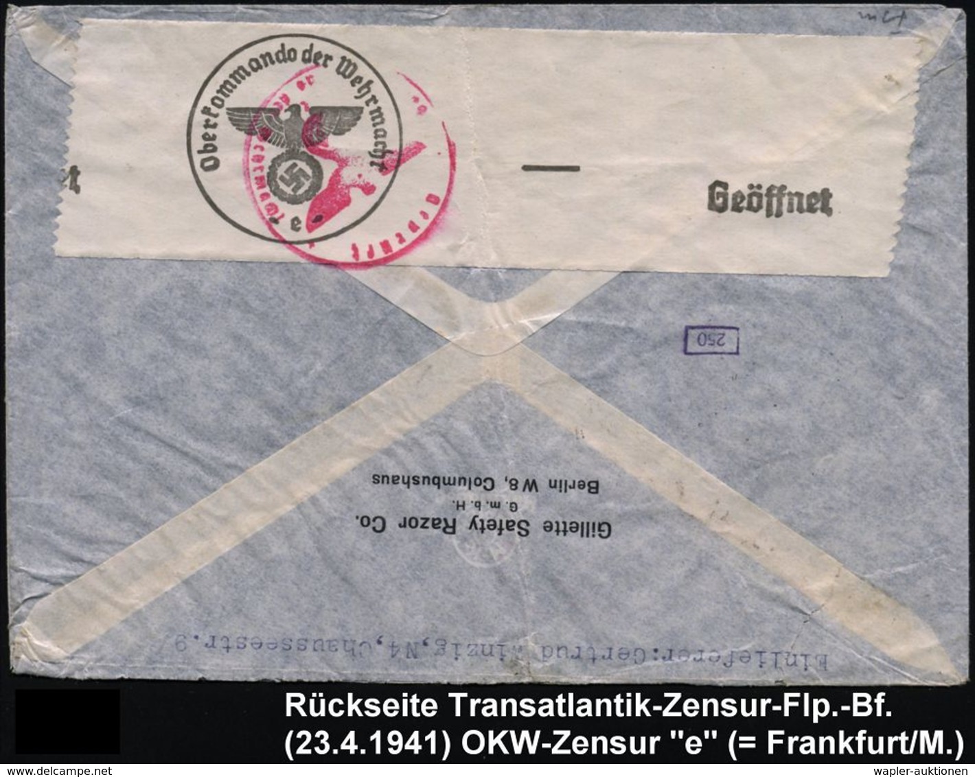 BERLIN W 9/ Gilette/ Klingen.. 1941 (23.4.) AFS 145 Pf. (Firmen-Logo) = US.-Firma Für Rasierklingen + 1K-Brücke BERLIN W - Other (Air)