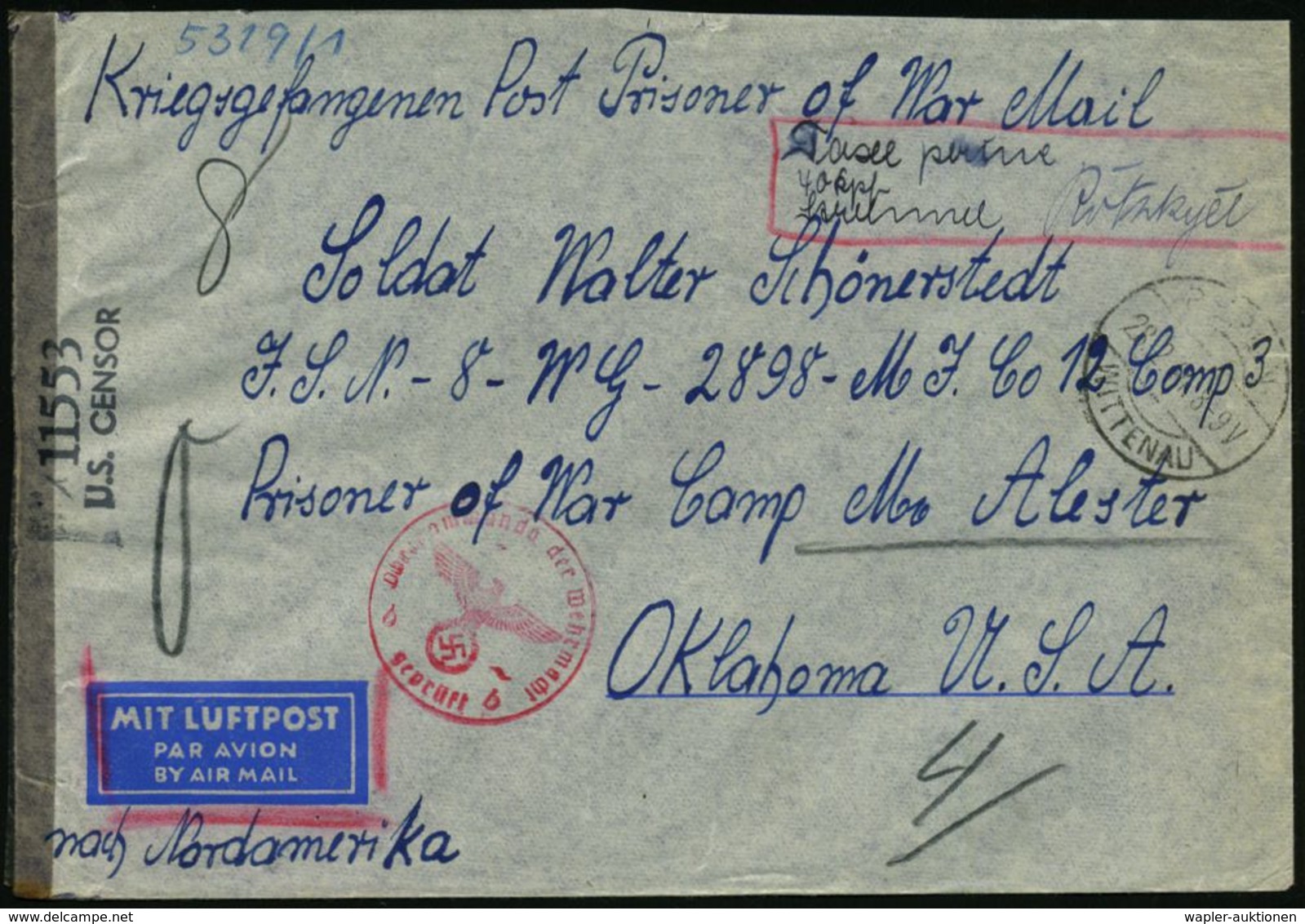 BERLIN/ WITTENAU 1944 (28.2.) 1K-Brücke + Hs. Vermerk: "Taxe Percue 40 RPf..." = Barfrankatur Nur Luftpostgebühr + Roter - Andere (Lucht)