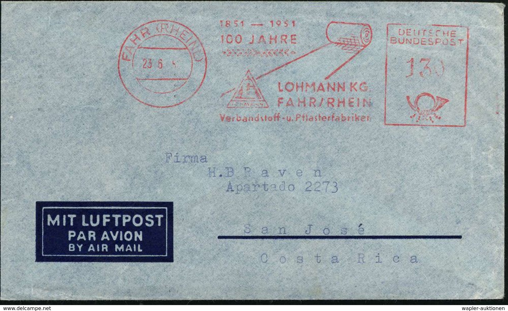 FAHR (RHEINL)/ 1851-1951/ 100 JAHRE/ LOHMANN KG/ Verbandsstoff- U.Pflasterfabriken 1956 (23.6.) Jubil.-AFS 130 Pf. = 2.  - Other (Air)