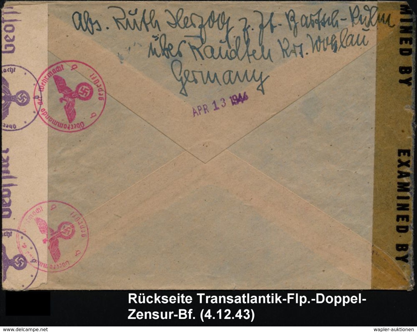 RAUDTEN (BZ BRESLAU)1/ A 1943 (4.12.) 2K-Steg + Undeutl. Ra.2 PSt.II: Bartsch-Kulm/über Raudten (Bz Breslau) + Hs. Verme - Altri (Aria)