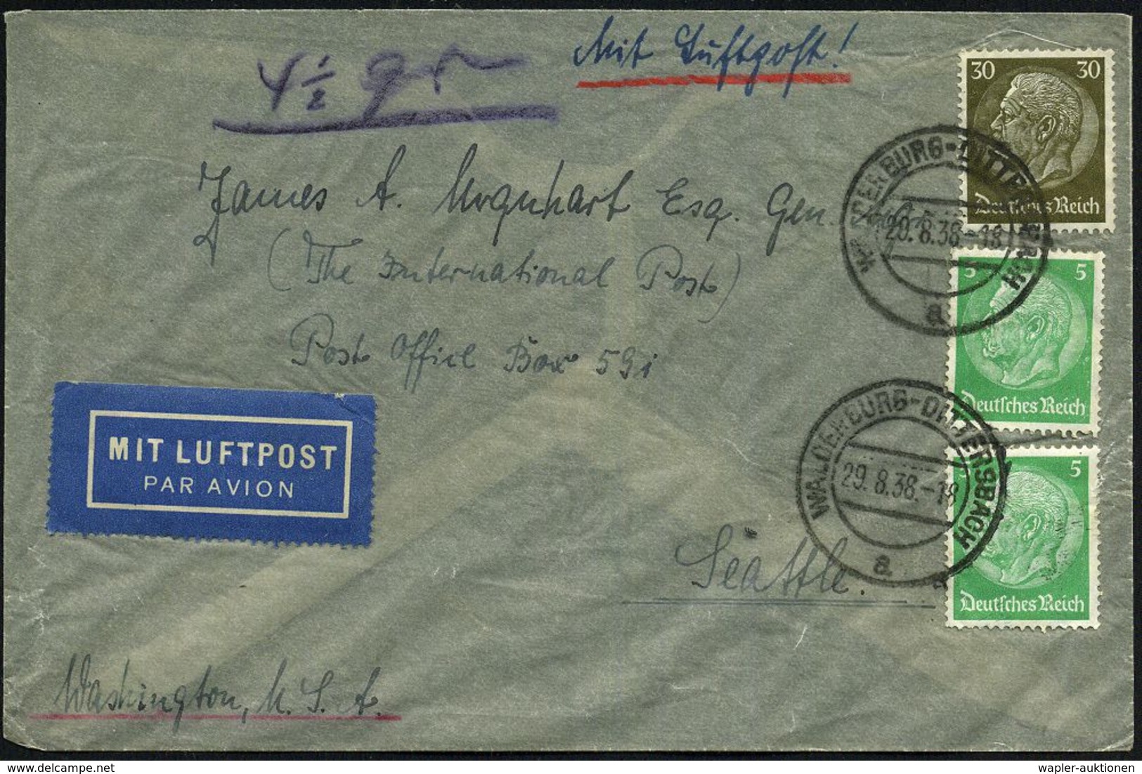 WALDERBURG-DITTERSBACH/ A 1938 (28.8.) 2K-Steg Auf Satzreiner Frankatur Hindenbg. 2x 5 Pf. U. 30 Pf. , Klar Gest. Überse - Autres (Air)